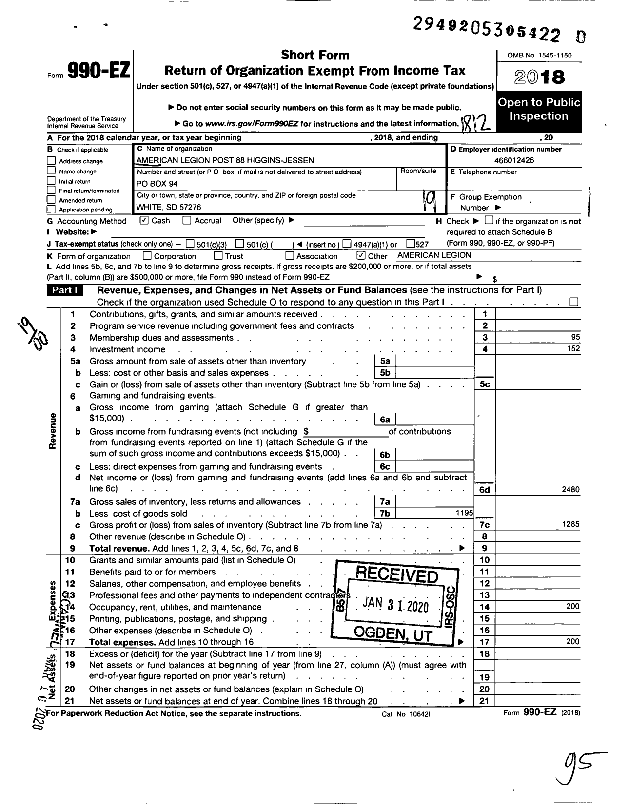 Image of first page of 2018 Form 990EO for American Legion - 88 Higgins-Jessen