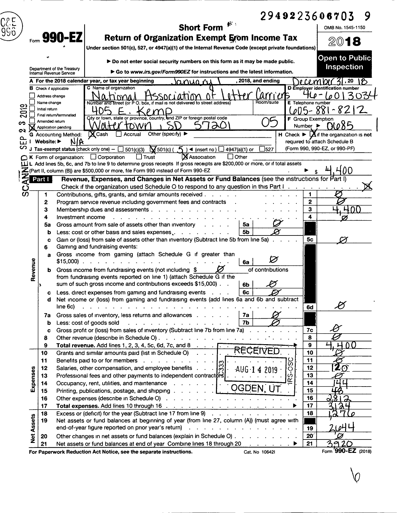 Image of first page of 2018 Form 990EO for National Association of Letter Carriers