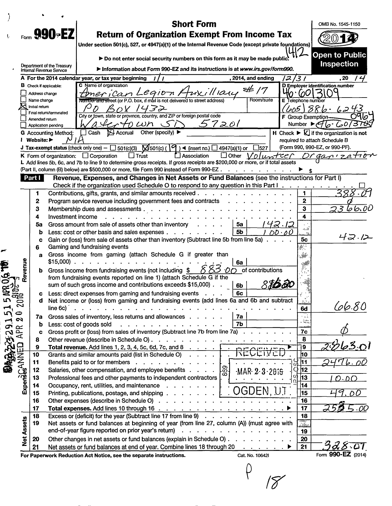 Image of first page of 2014 Form 990EO for American Legion Auxiliary - 17 Codington County