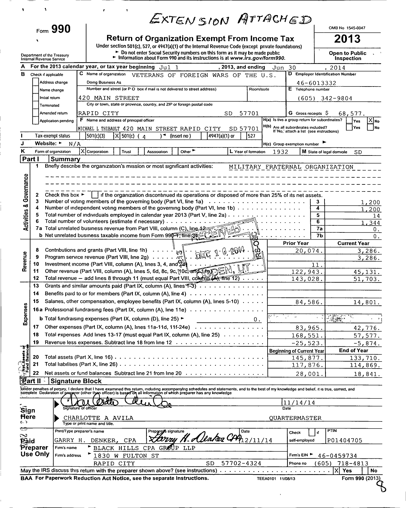 Image of first page of 2013 Form 990O for Veterans of Foreign Wars of the United States Dept of South Dakota - 1273 Rushmore VFW SD Rapid City