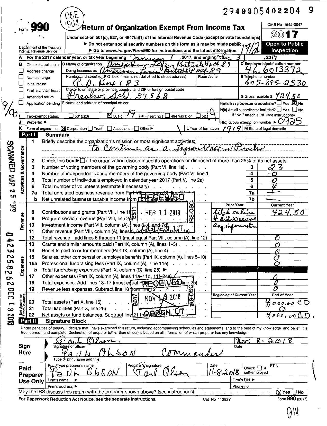 Image of first page of 2017 Form 990O for American Legion / 89 Butrick