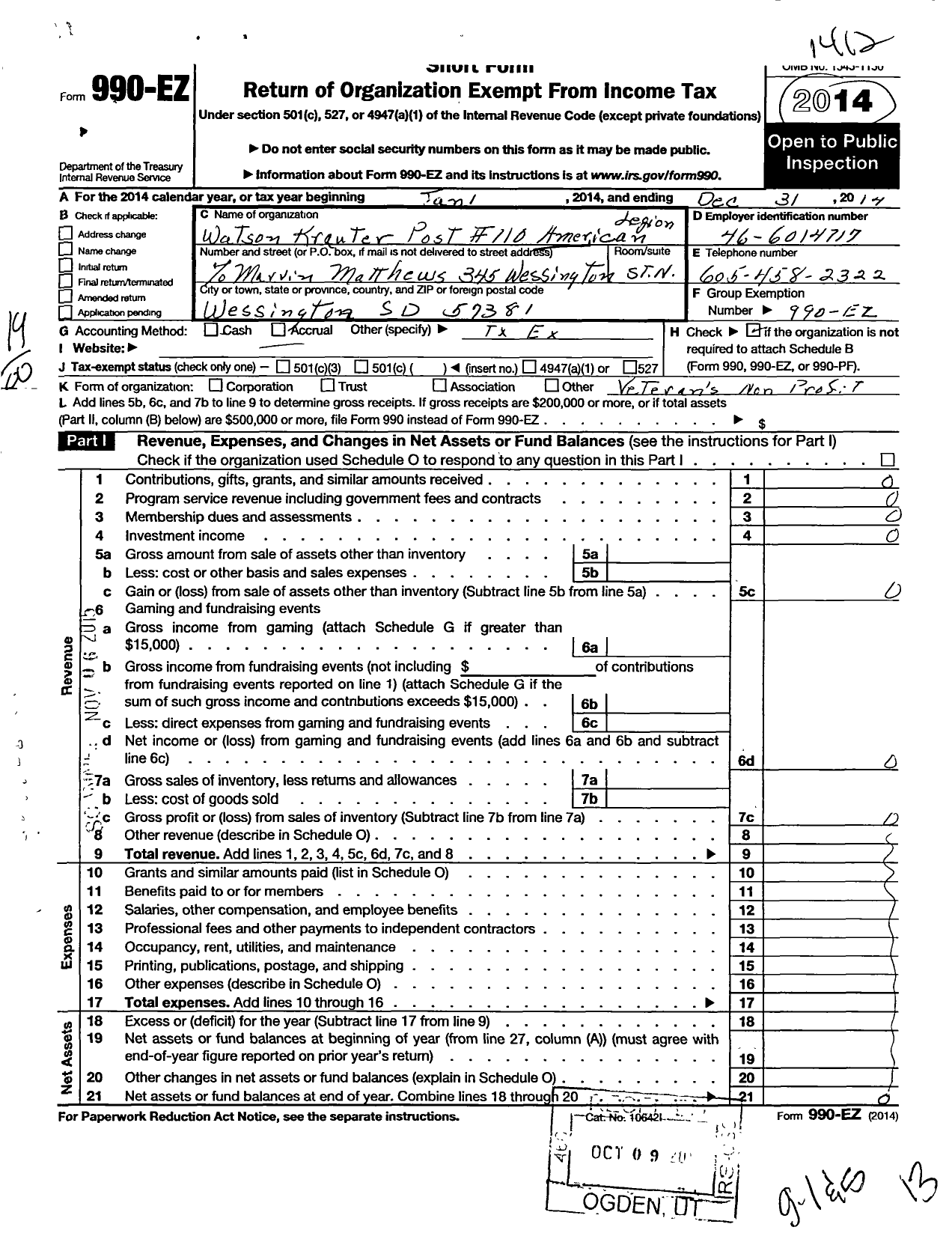 Image of first page of 2014 Form 990EO for American Legion - 0110 Watson-Krauter