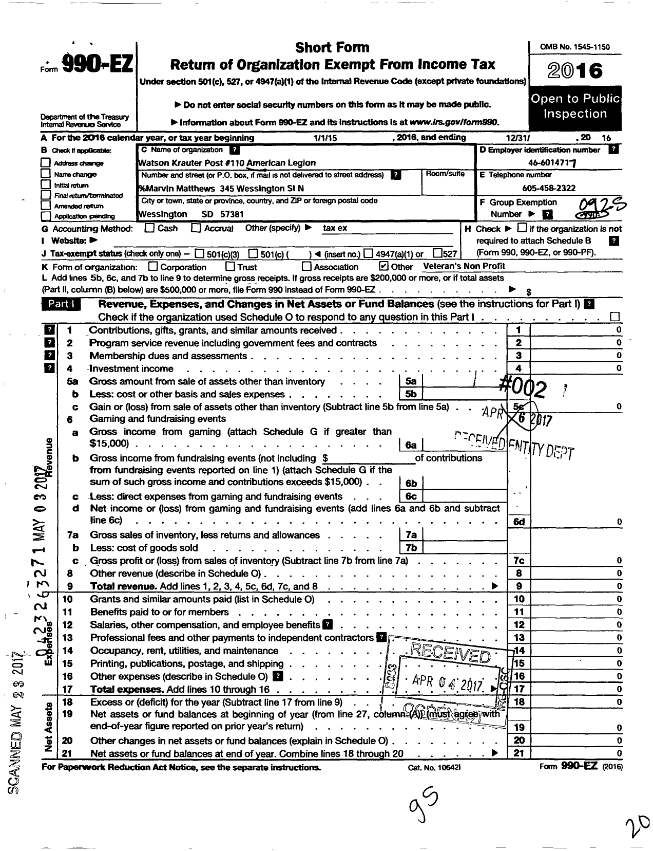 Image of first page of 2016 Form 990EO for American Legion - 0110 Watson-Krauter