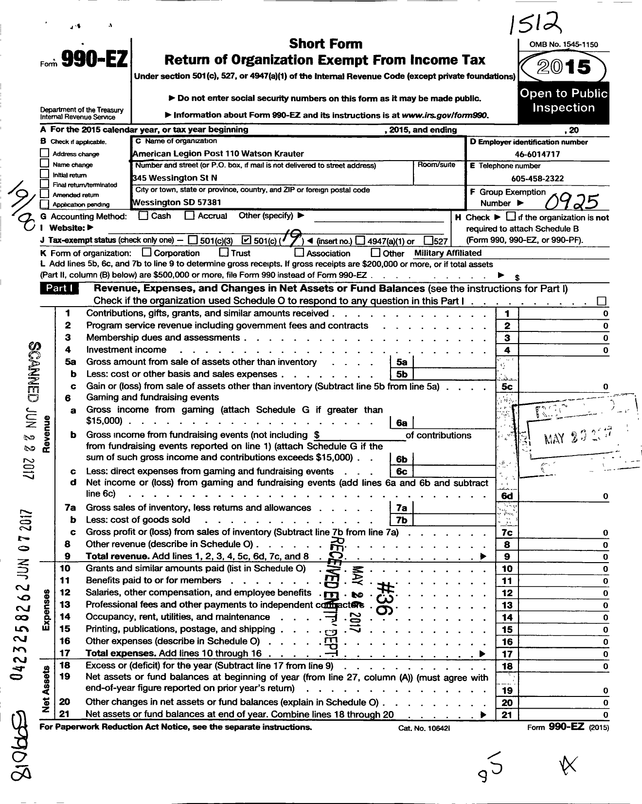 Image of first page of 2015 Form 990EO for American Legion - 0110 Watson-Krauter