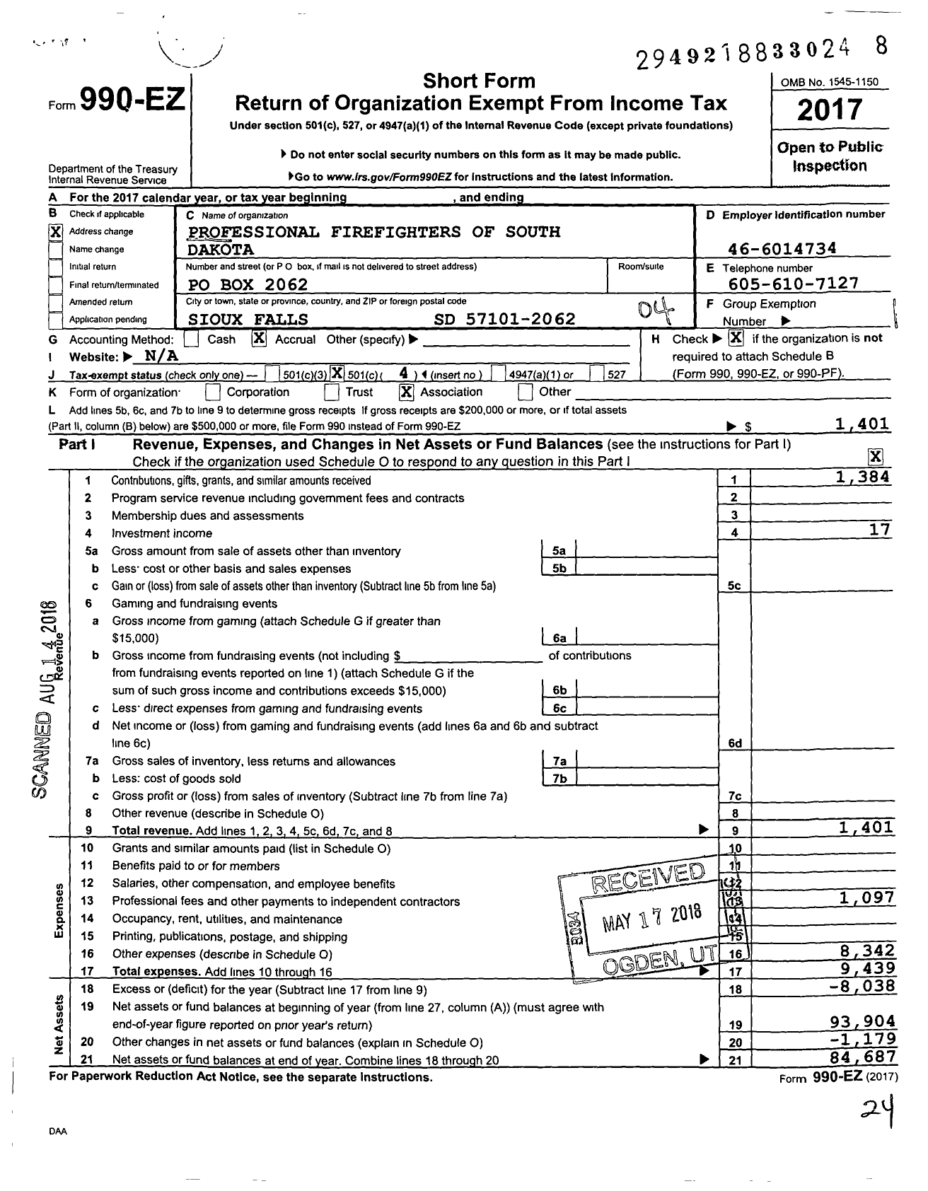 Image of first page of 2017 Form 990EO for International Association of Fire Fighters - A0040 Prof Fire Fighters of S Dakot