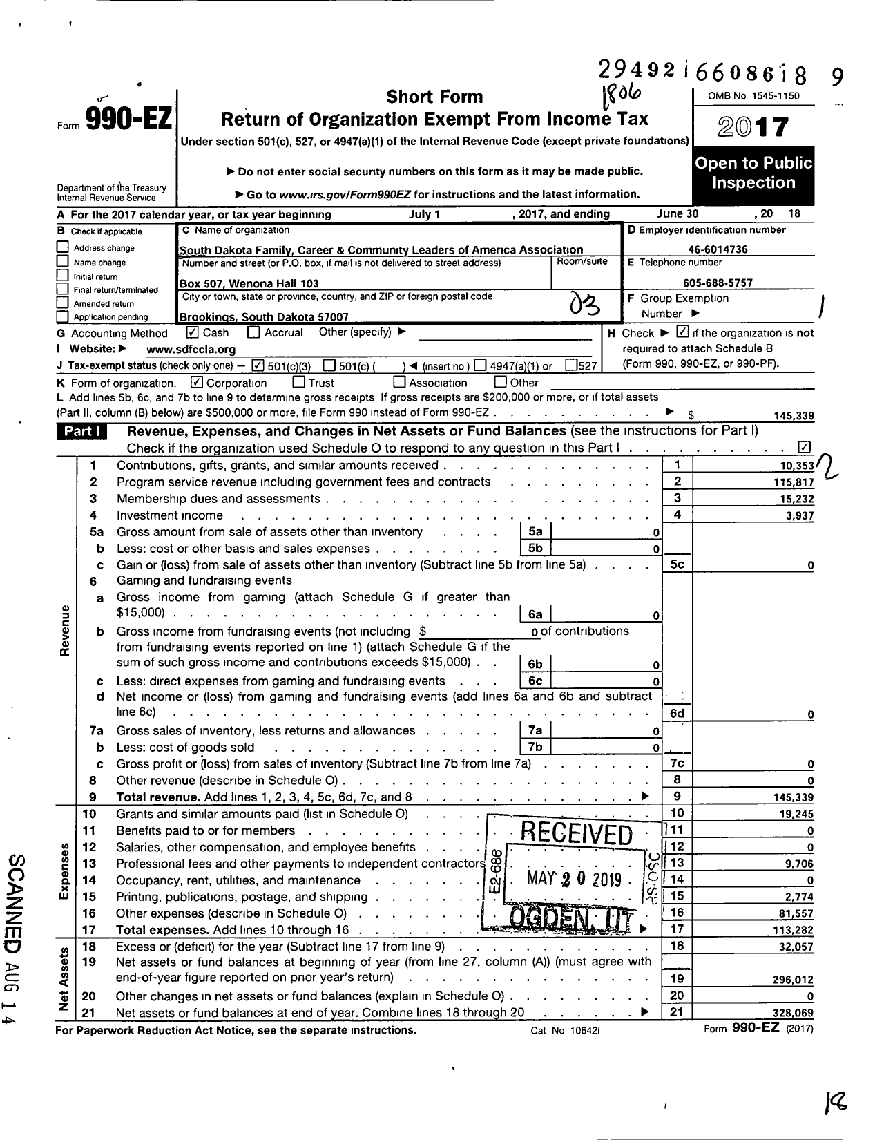 Image of first page of 2017 Form 990EZ for South Dakota Family Career & Community Leaders of America Association