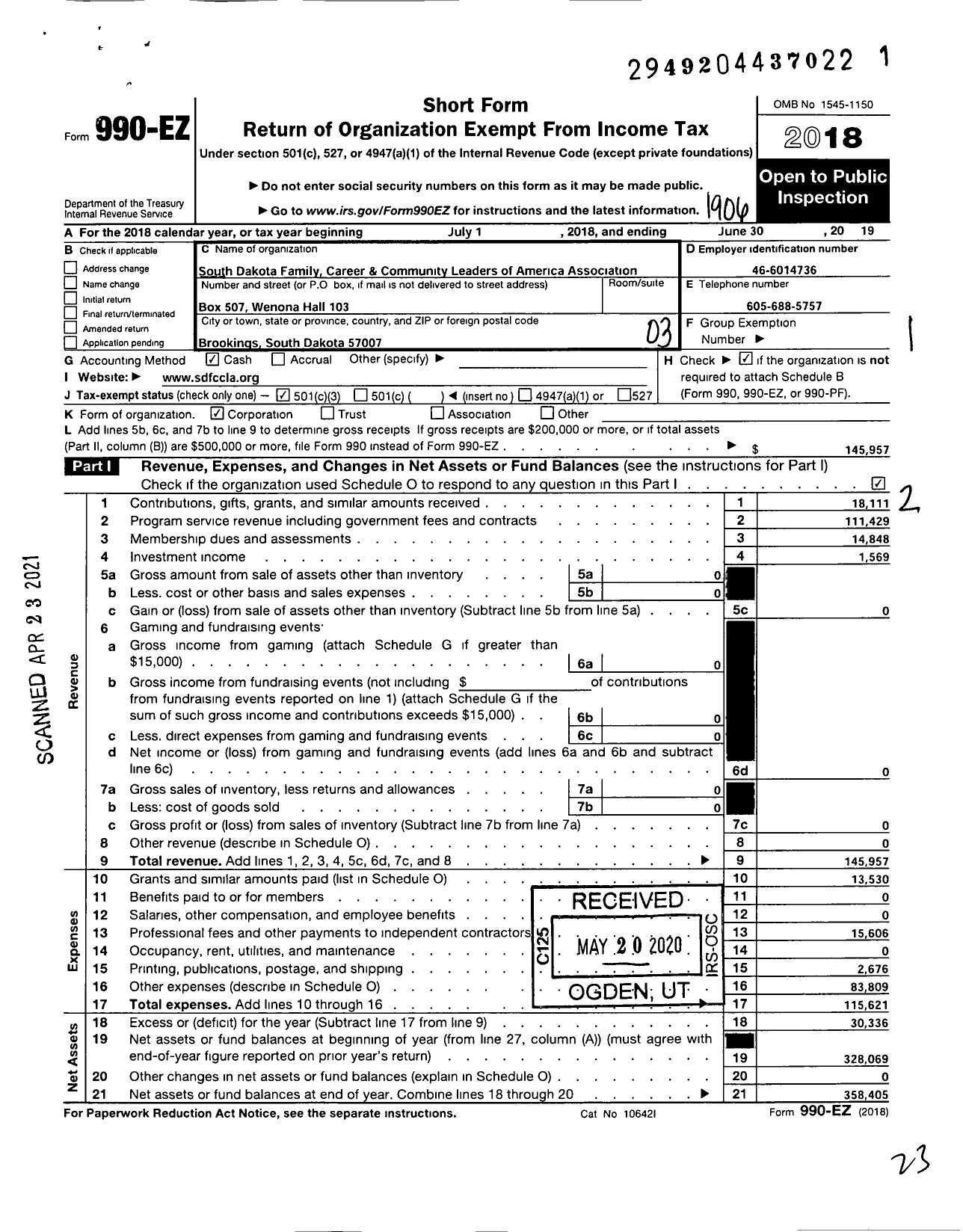 Image of first page of 2018 Form 990EZ for South Dakota Family Career & Community Leaders of America Association