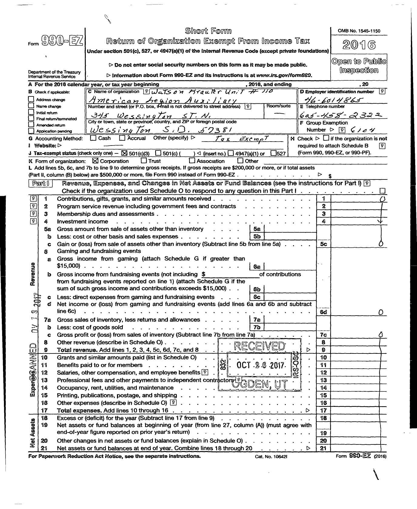 Image of first page of 2016 Form 990EZ for American Legion Auxiliary - 110 Watson Krauter