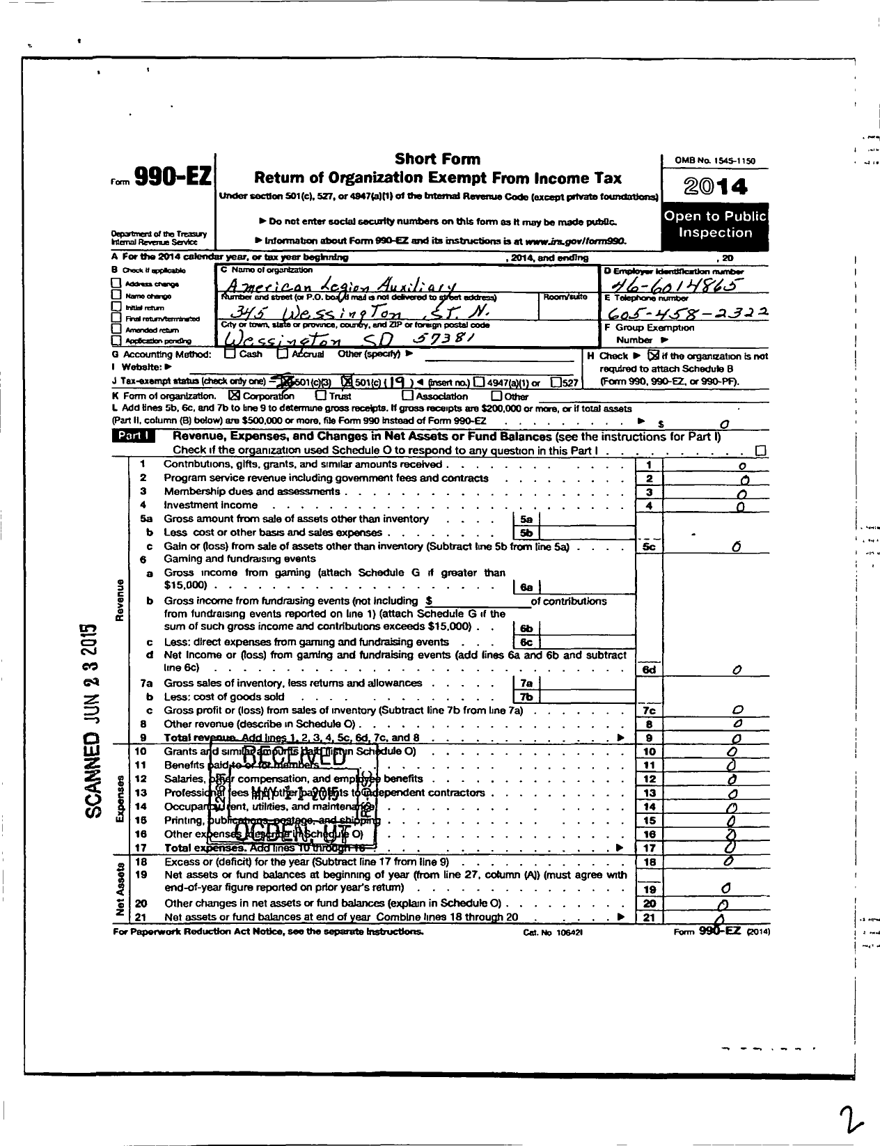 Image of first page of 2014 Form 990EO for American Legion Auxiliary - 110 Watson Krauter