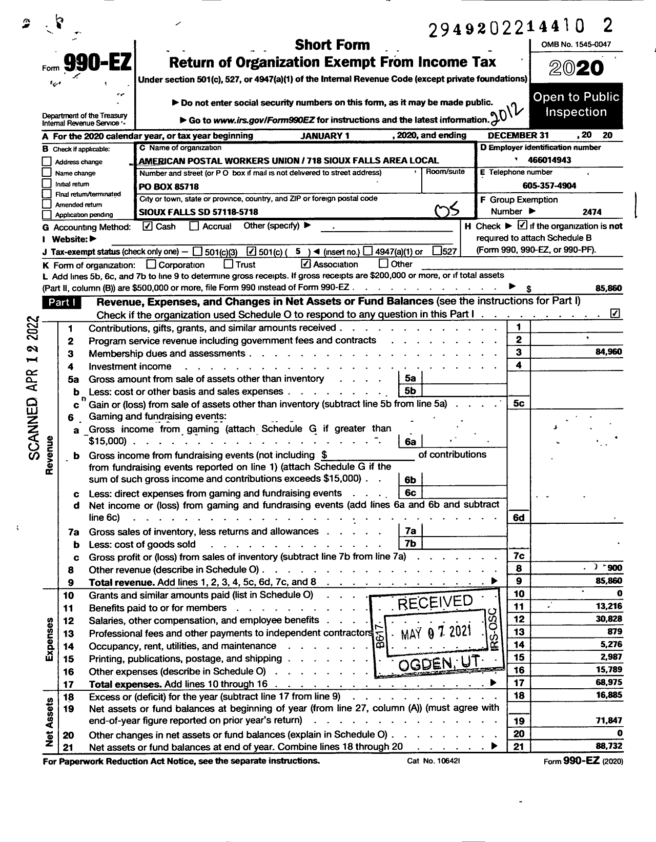 Image of first page of 2020 Form 990EO for AMERICAN POSTAL WORKERS UNION - 718 Sioux Falls Area Local