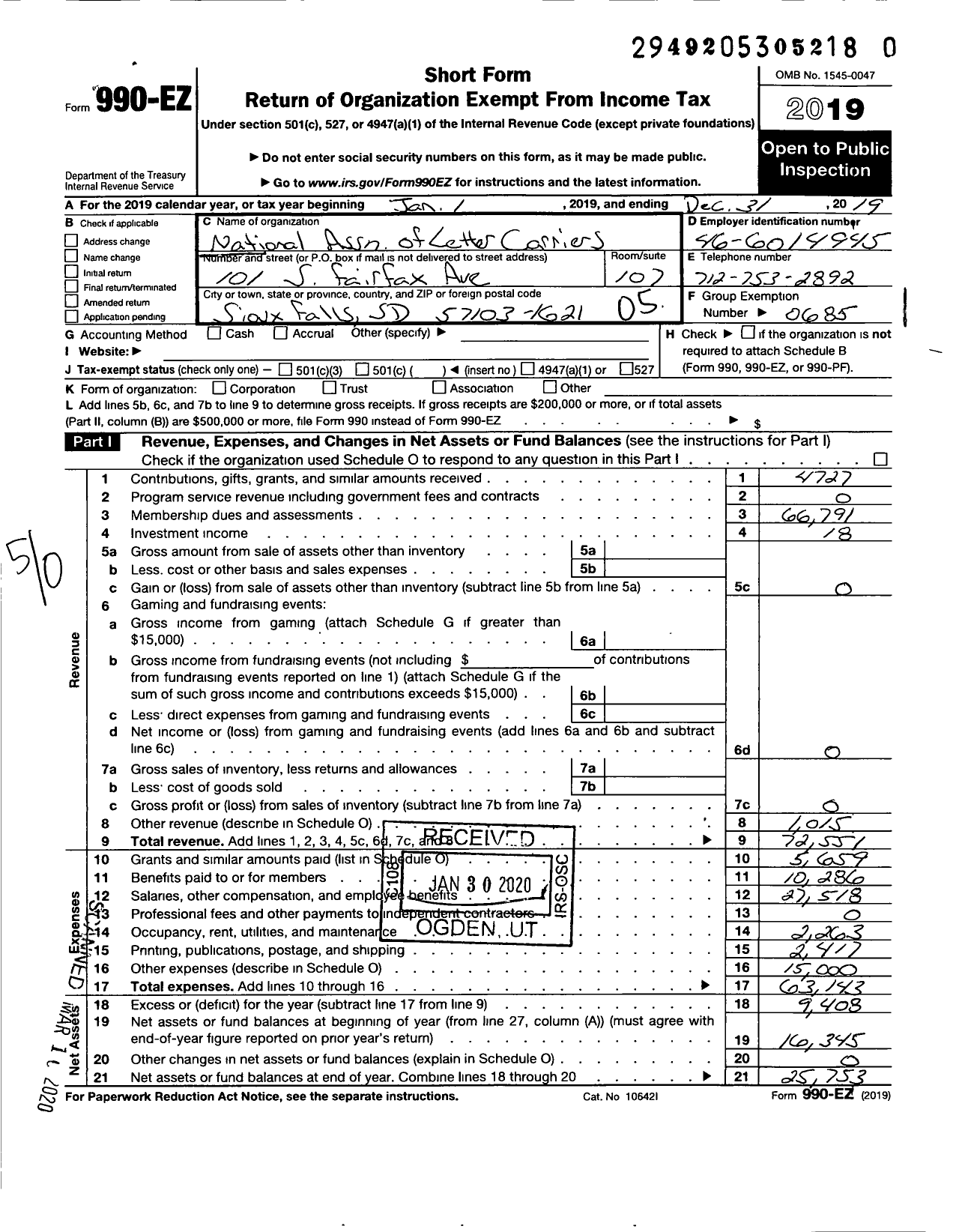 Image of first page of 2019 Form 990EO for National Association of Letter Carriers - 0491 Sioux Falls South Dakota