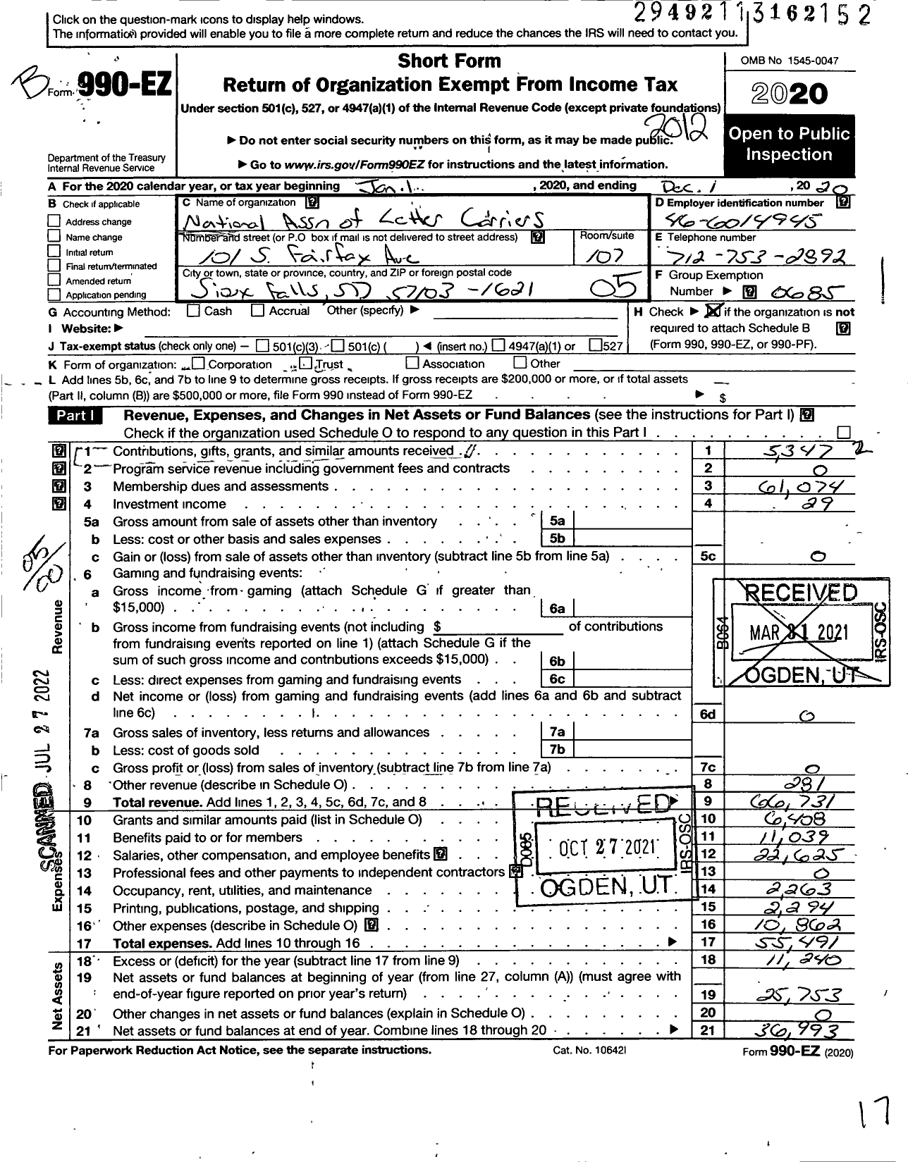 Image of first page of 2020 Form 990EO for National Association of Letter Carriers - 0491 Sioux Falls South Dakota