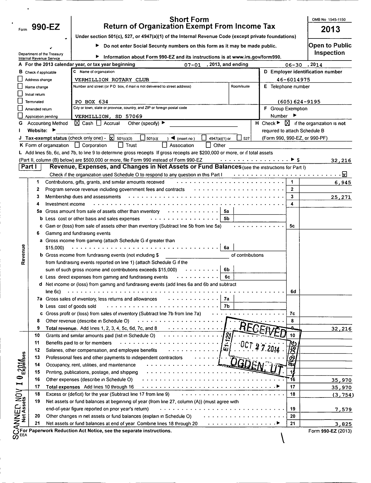 Image of first page of 2013 Form 990EZ for Rotary International - Vermillion Rotary Club