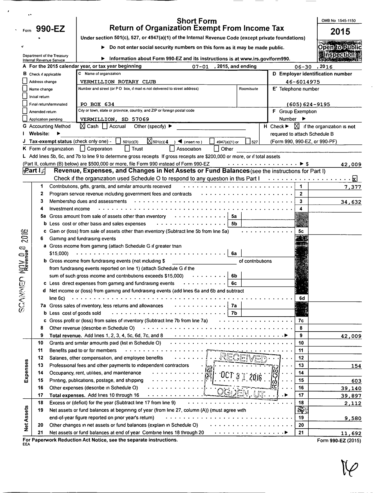 Image of first page of 2015 Form 990EO for Rotary International - Vermillion Rotary Club