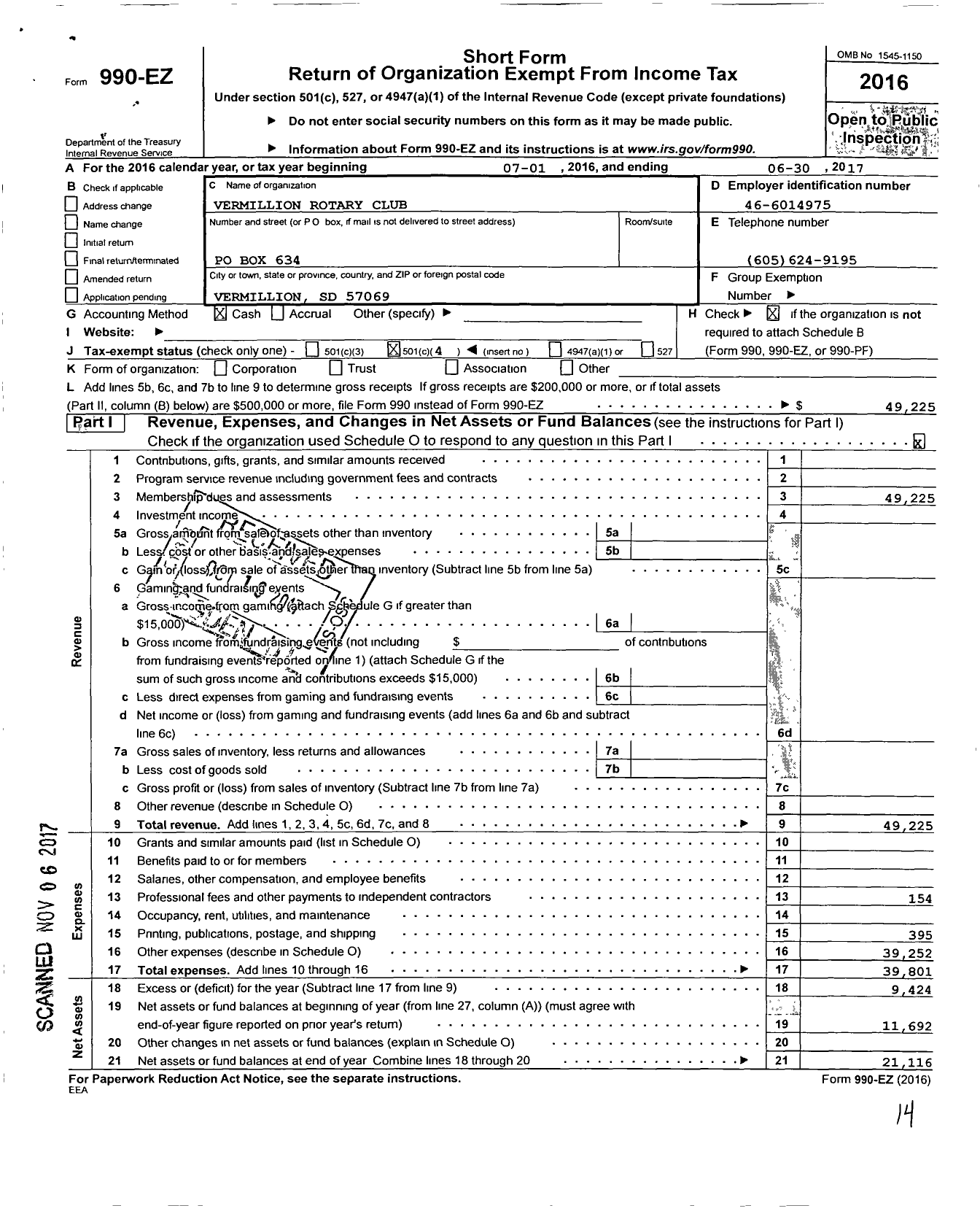 Image of first page of 2016 Form 990EO for Rotary International - Vermillion Rotary Club