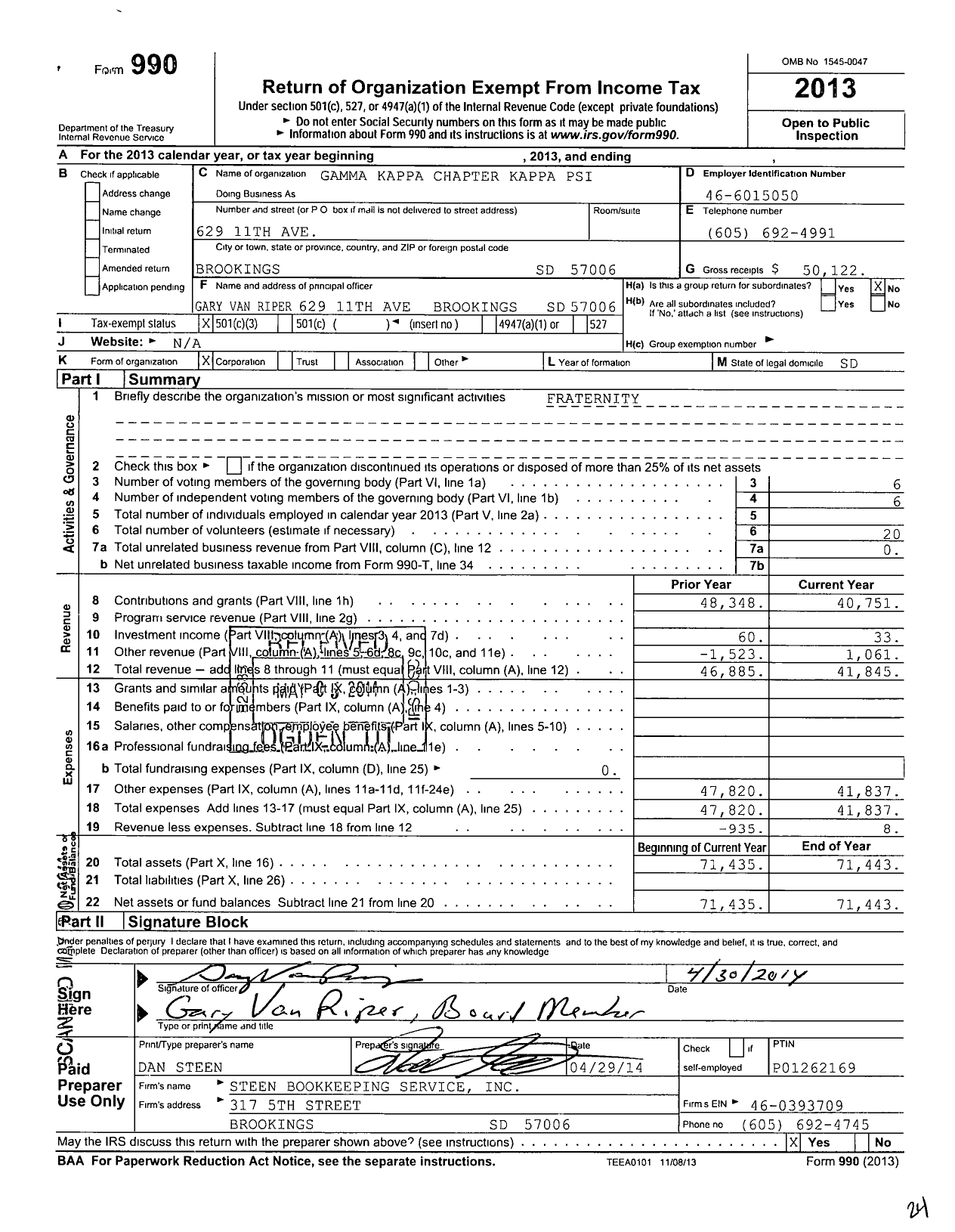 Image of first page of 2013 Form 990 for Kappa Psi Pharmaceutical Fraternity / Gamma Kappa