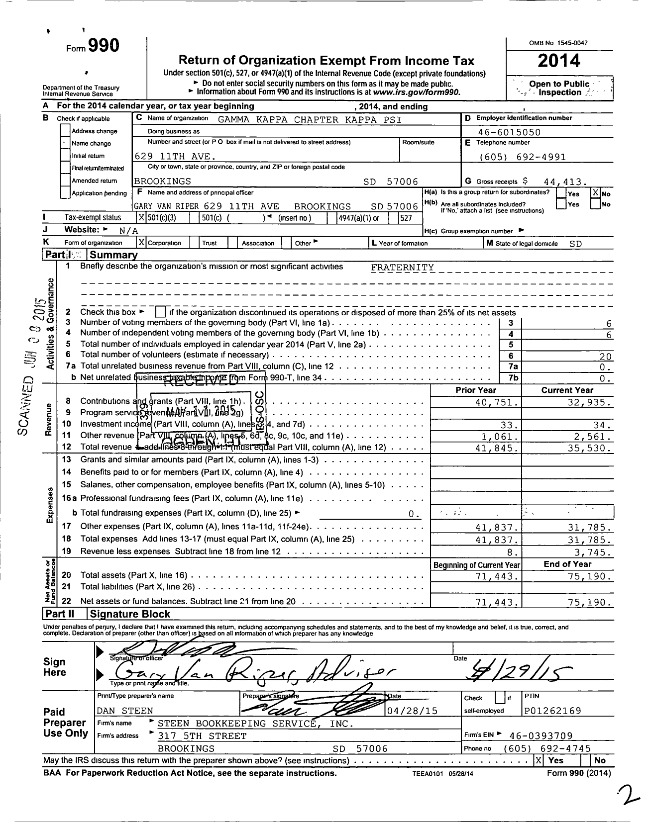 Image of first page of 2014 Form 990 for Kappa Psi Pharmaceutical Fraternity / Gamma Kappa