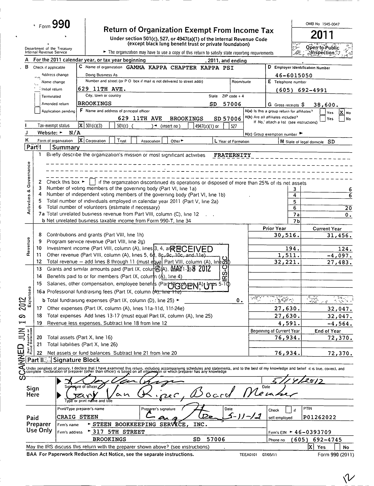 Image of first page of 2011 Form 990 for Kappa Psi Pharmaceutical Fraternity / Gamma Kappa