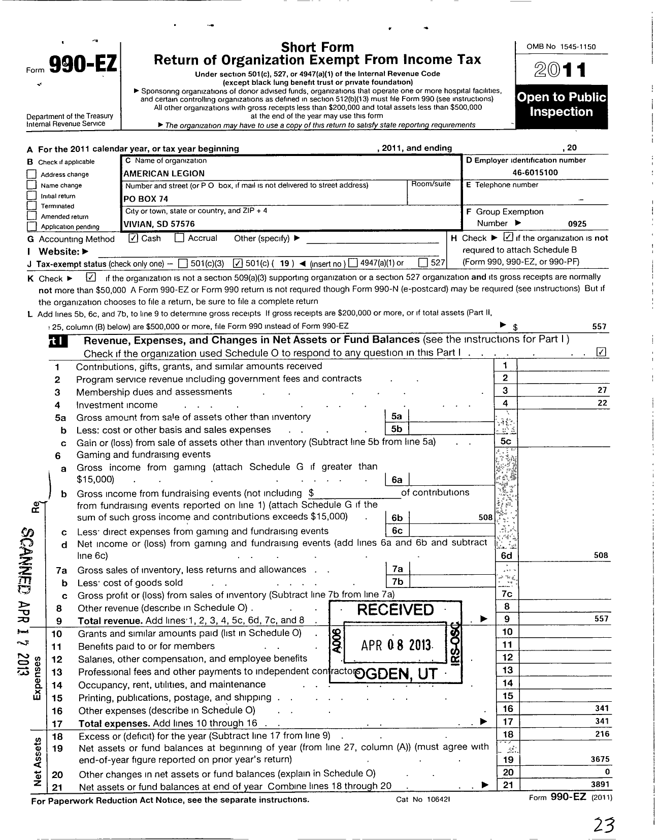 Image of first page of 2011 Form 990EO for American Legion - 0157 Webster-Larson