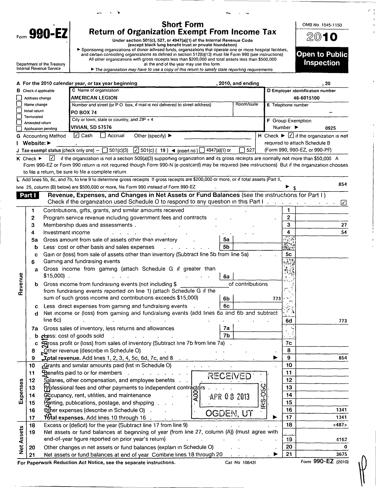 Image of first page of 2010 Form 990EO for American Legion - 0157 Webster-Larson