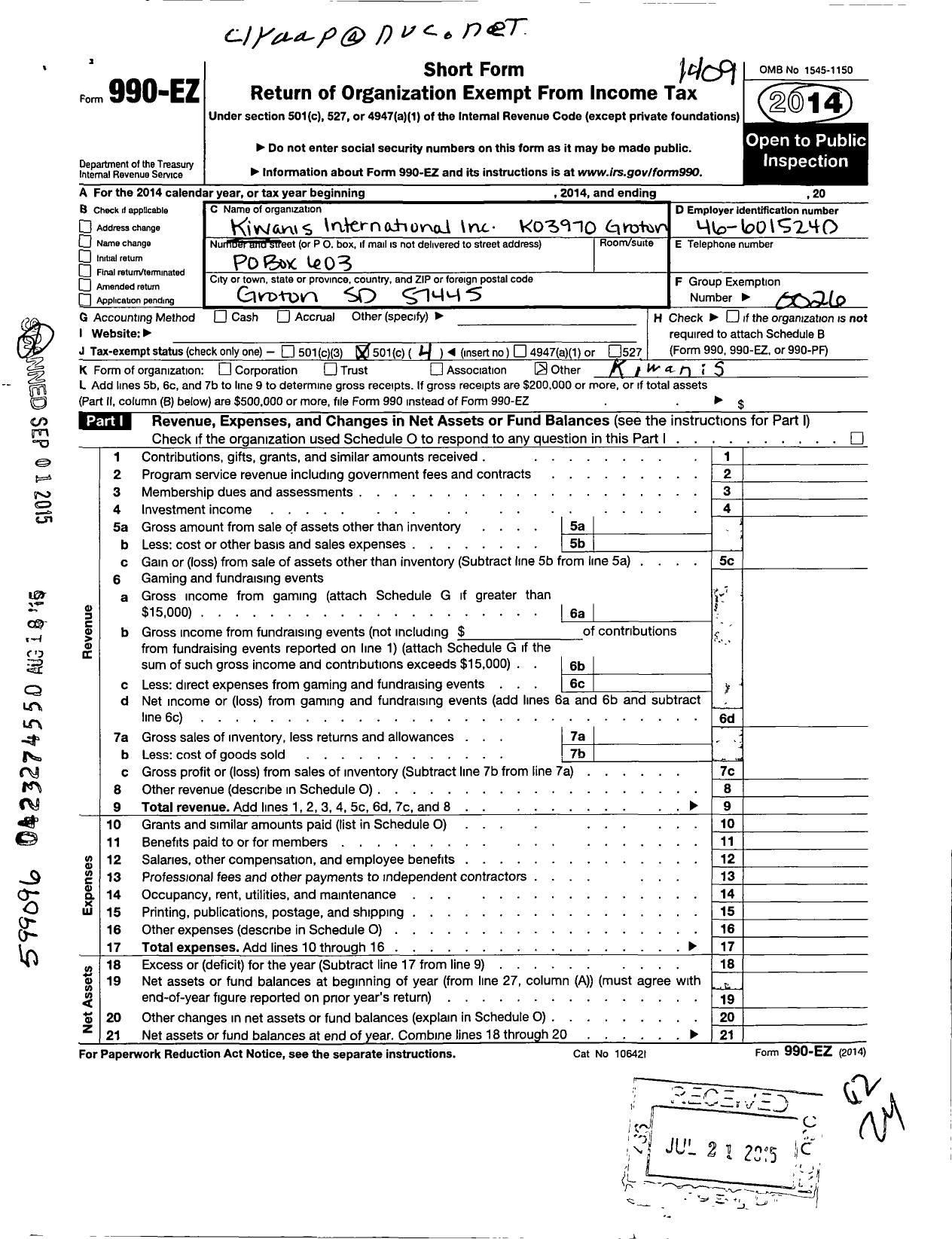 Image of first page of 2013 Form 990EO for Kiwanis International - K03970 Groton