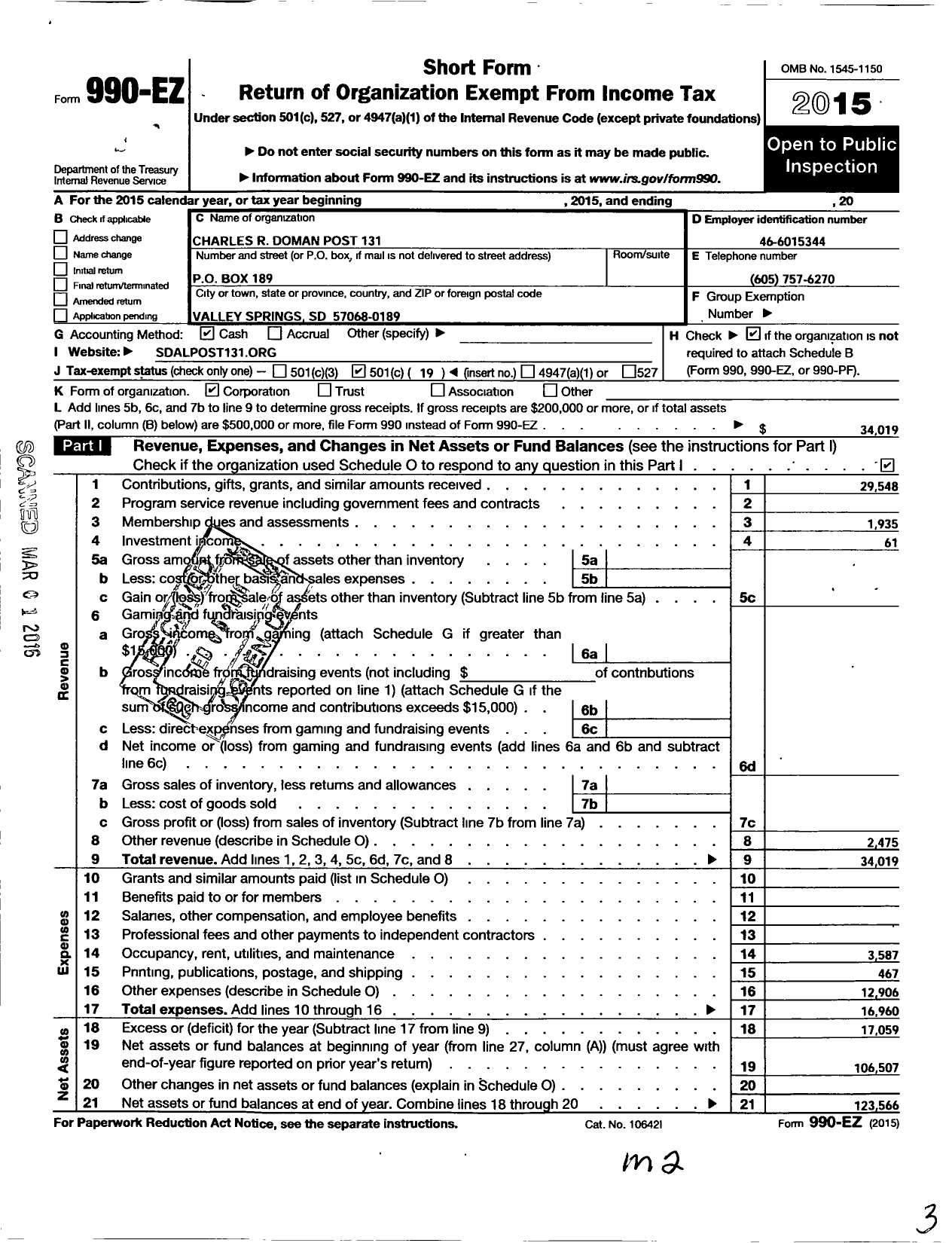 Image of first page of 2015 Form 990EO for American Legion - 131 Charles R Doman