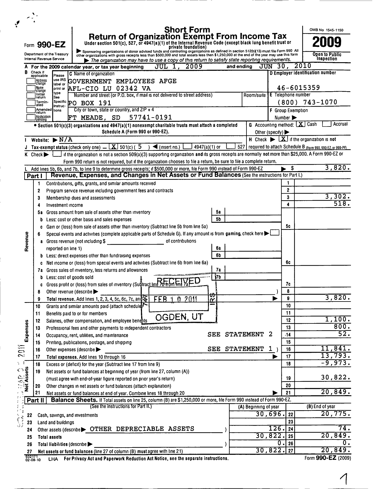 Image of first page of 2009 Form 990EO for American Federation of Government Employees - 2342 Afge Va Local
