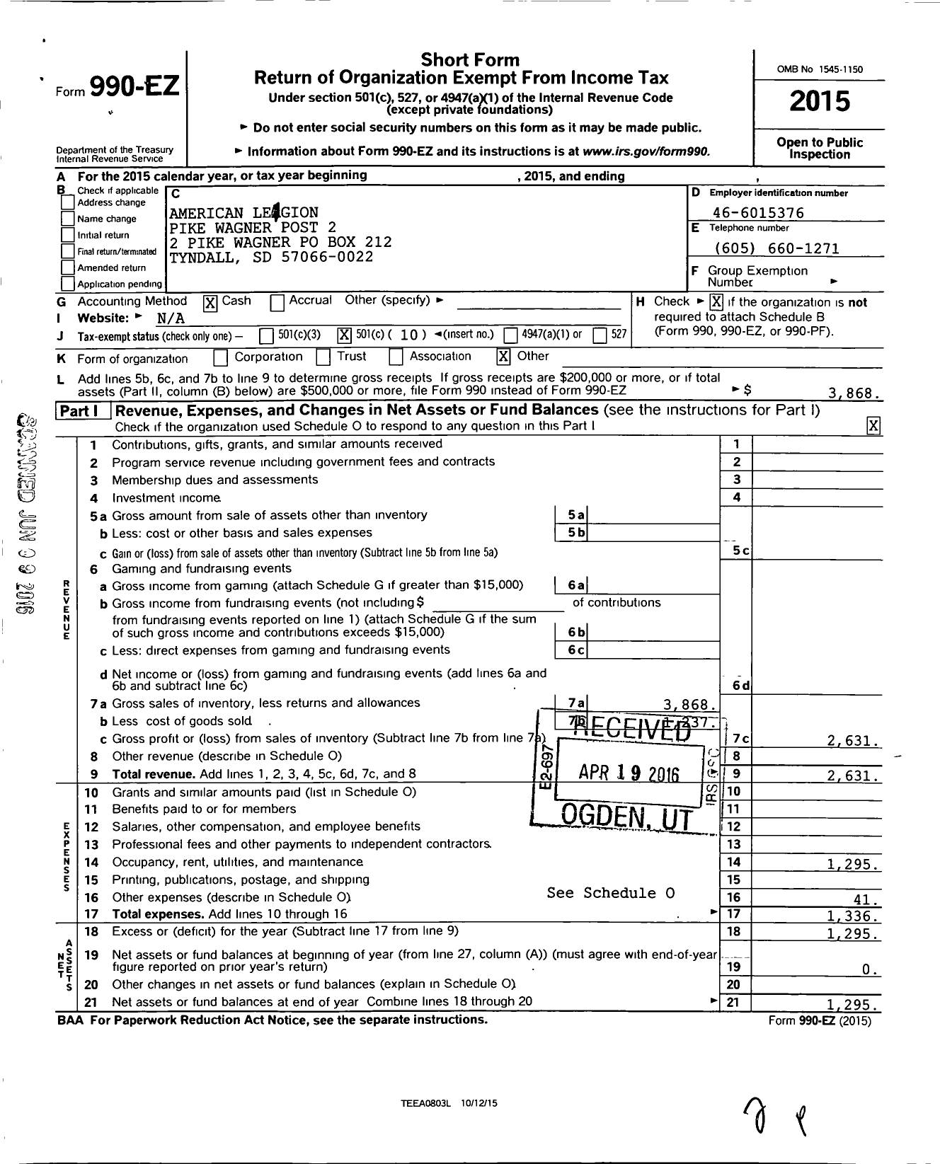 Image of first page of 2015 Form 990EO for AMERICAN Legion - 2 Pike-Wagner