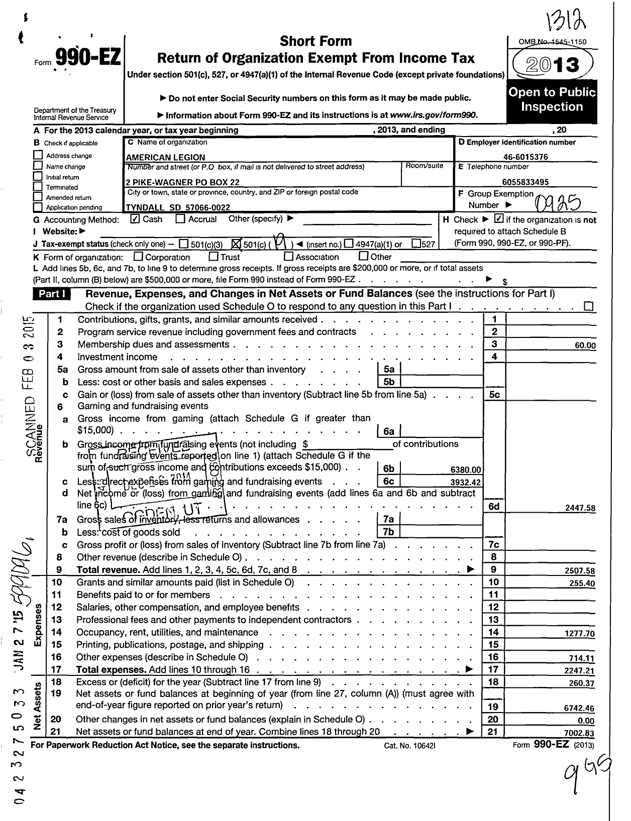 Image of first page of 2013 Form 990EO for AMERICAN Legion - 2 Pike-Wagner