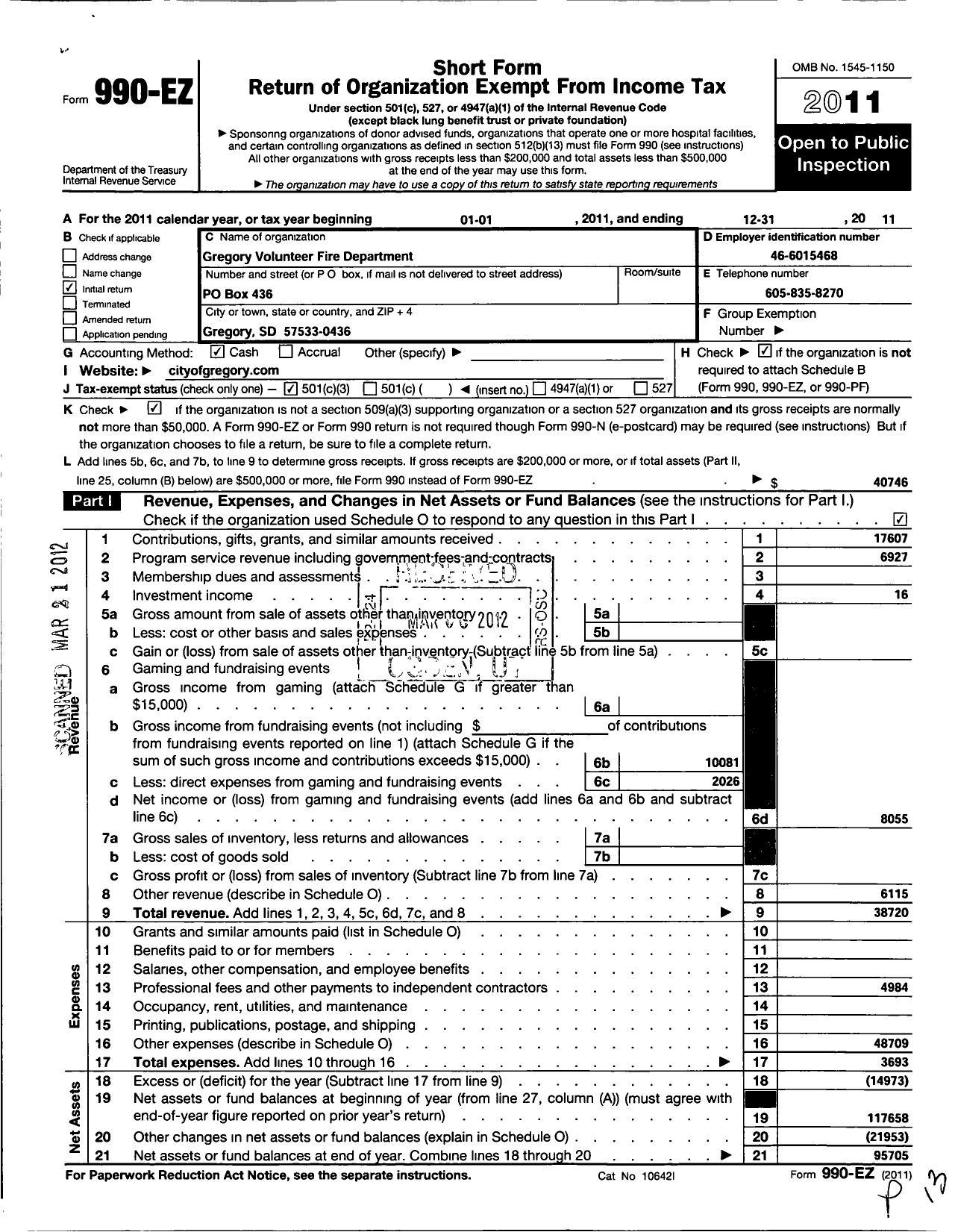 Image of first page of 2011 Form 990EZ for Gregory Fire Department