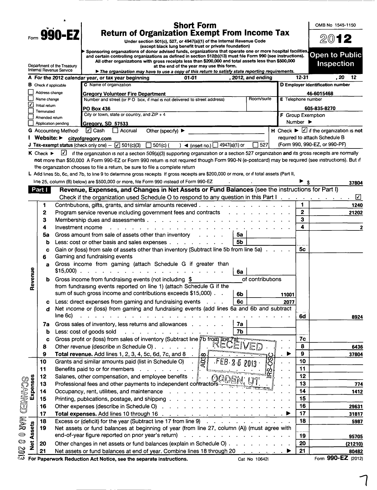 Image of first page of 2012 Form 990EZ for Gregory Fire Department