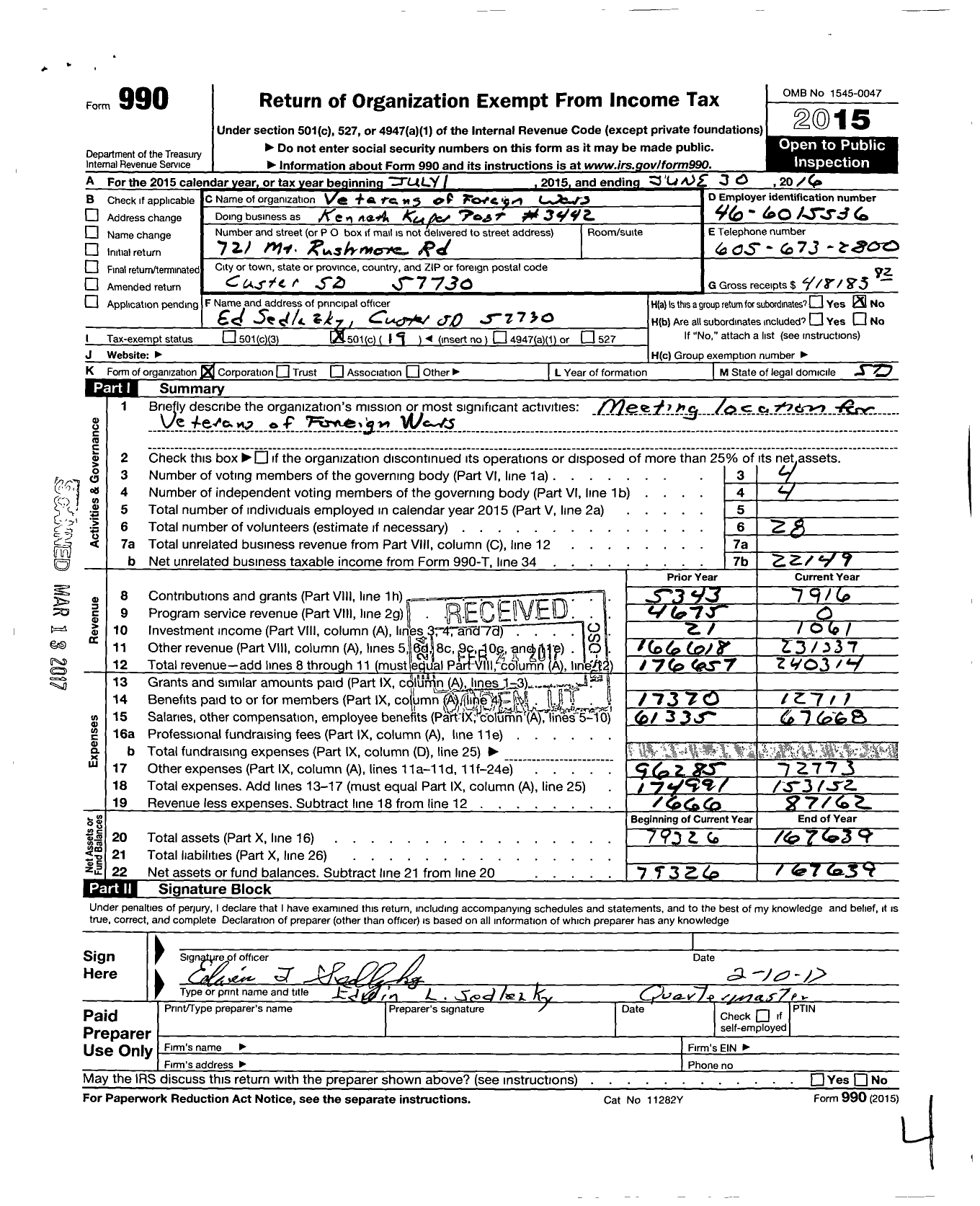 Image of first page of 2015 Form 990O for Veterans of Foreign Wars of United States Dept of South Dakota - 3442 Kenneth Kuper Custer VFW SD