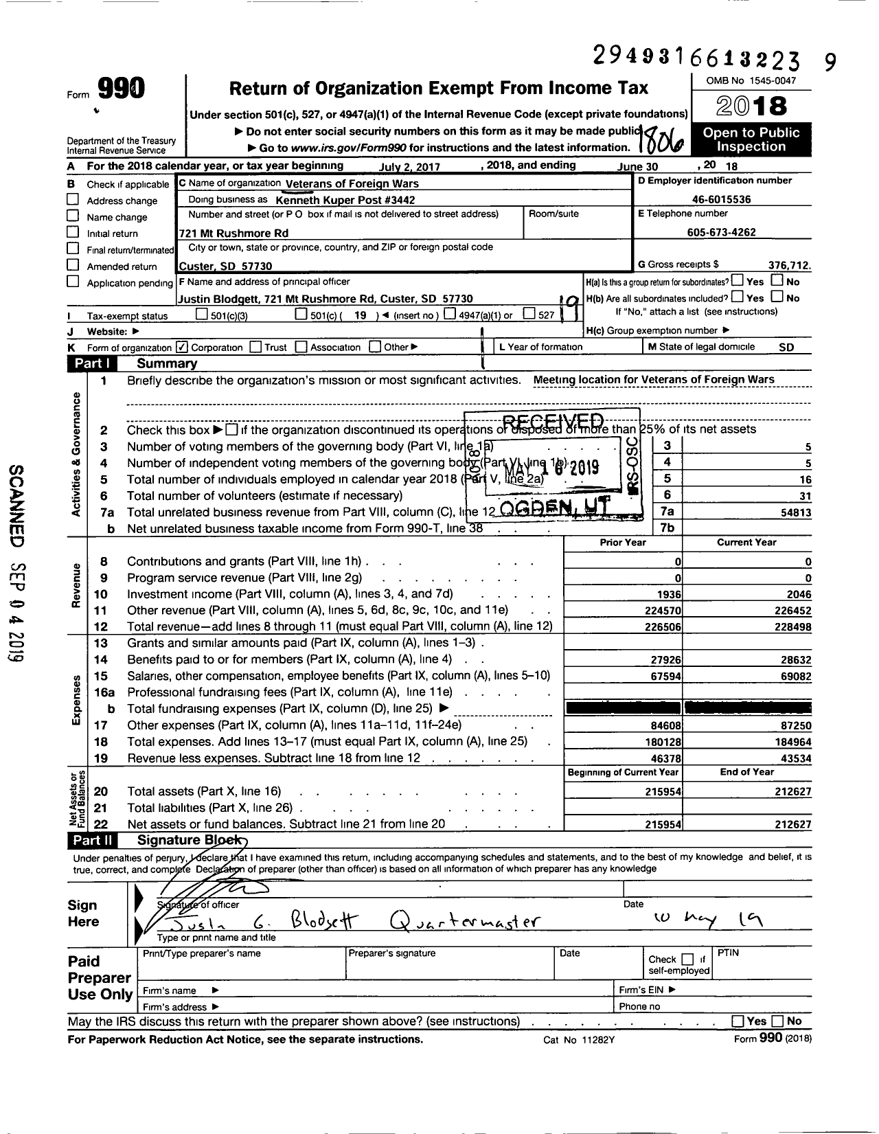 Image of first page of 2017 Form 990O for Veterans of Foreign Wars of United States Dept of South Dakota - 3442 Kenneth Kuper Custer VFW SD