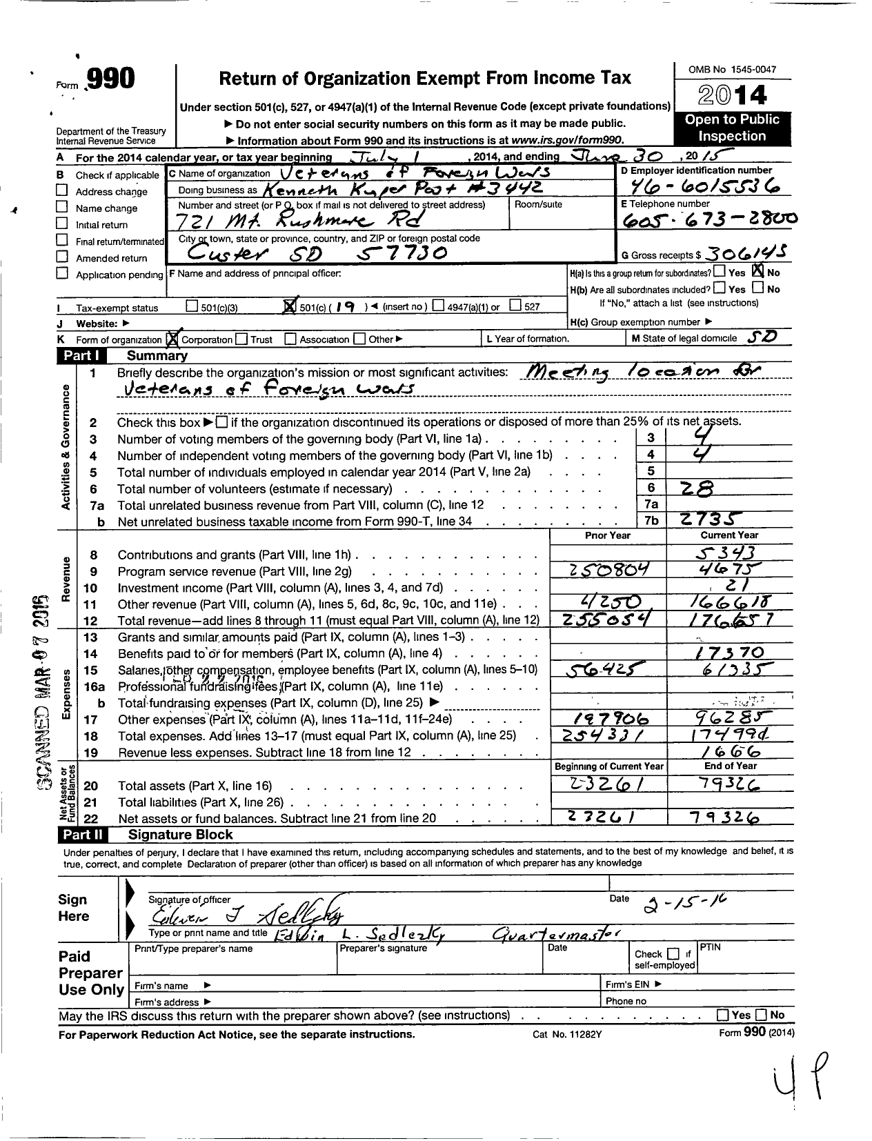 Image of first page of 2014 Form 990O for Veterans of Foreign Wars of United States Dept of South Dakota - 3442 Kenneth Kuper Custer VFW SD