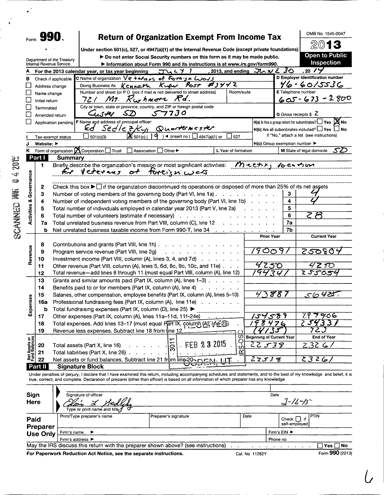 Image of first page of 2013 Form 990O for Veterans of Foreign Wars of United States Dept of South Dakota - 3442 Kenneth Kuper Custer VFW SD