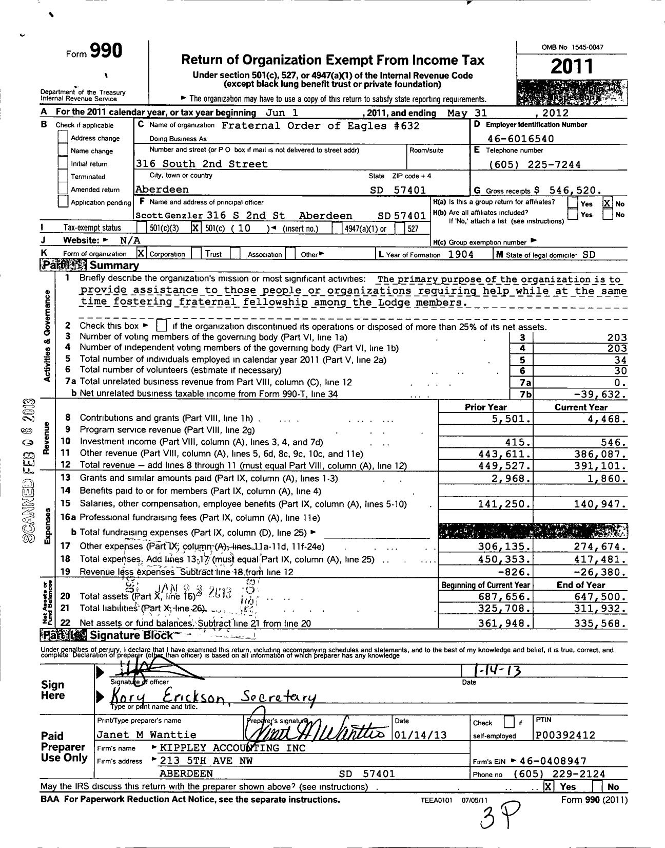 Image of first page of 2011 Form 990O for Fraternal Order of Eagles 632