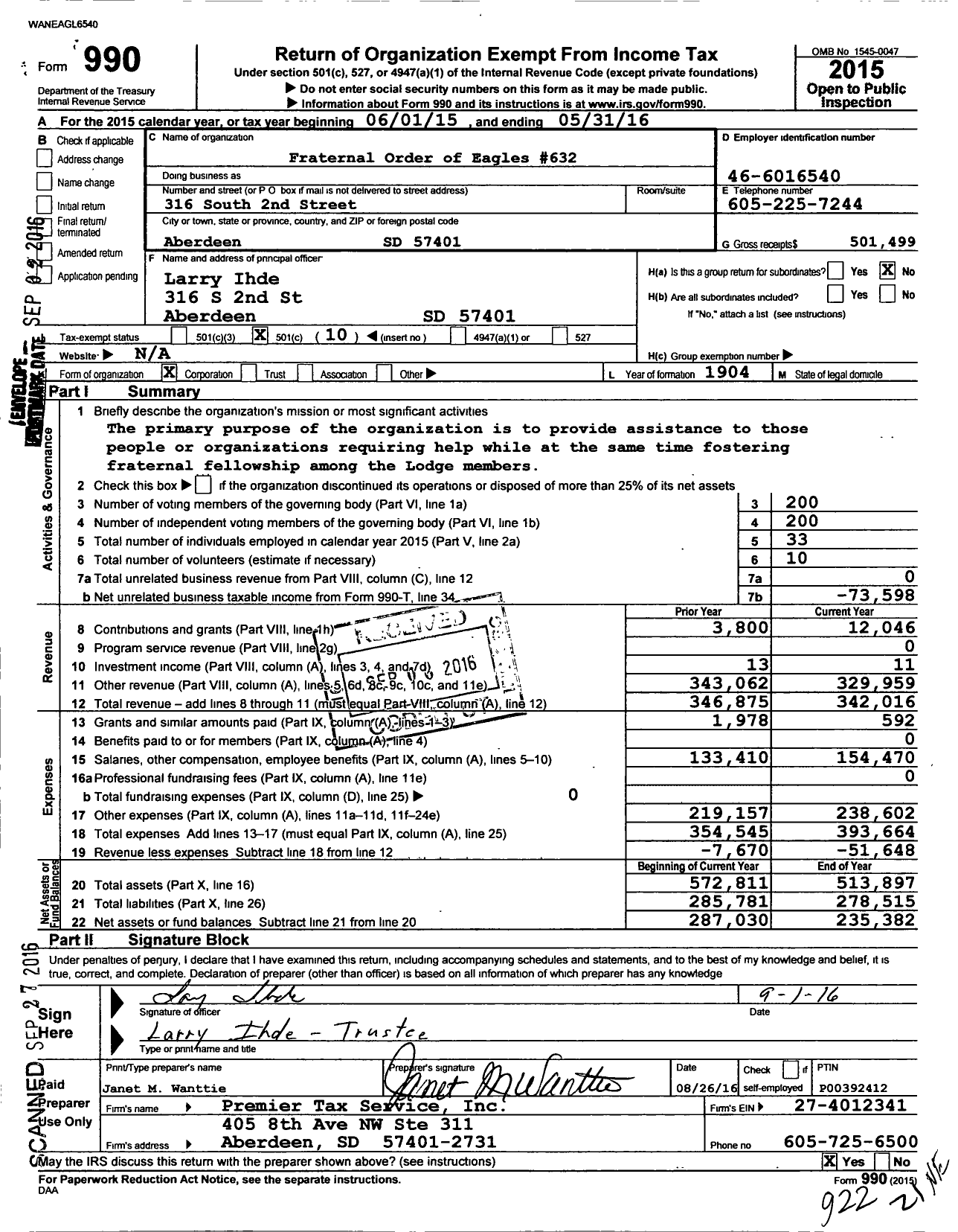 Image of first page of 2015 Form 990O for Fraternal Order of Eagles 632