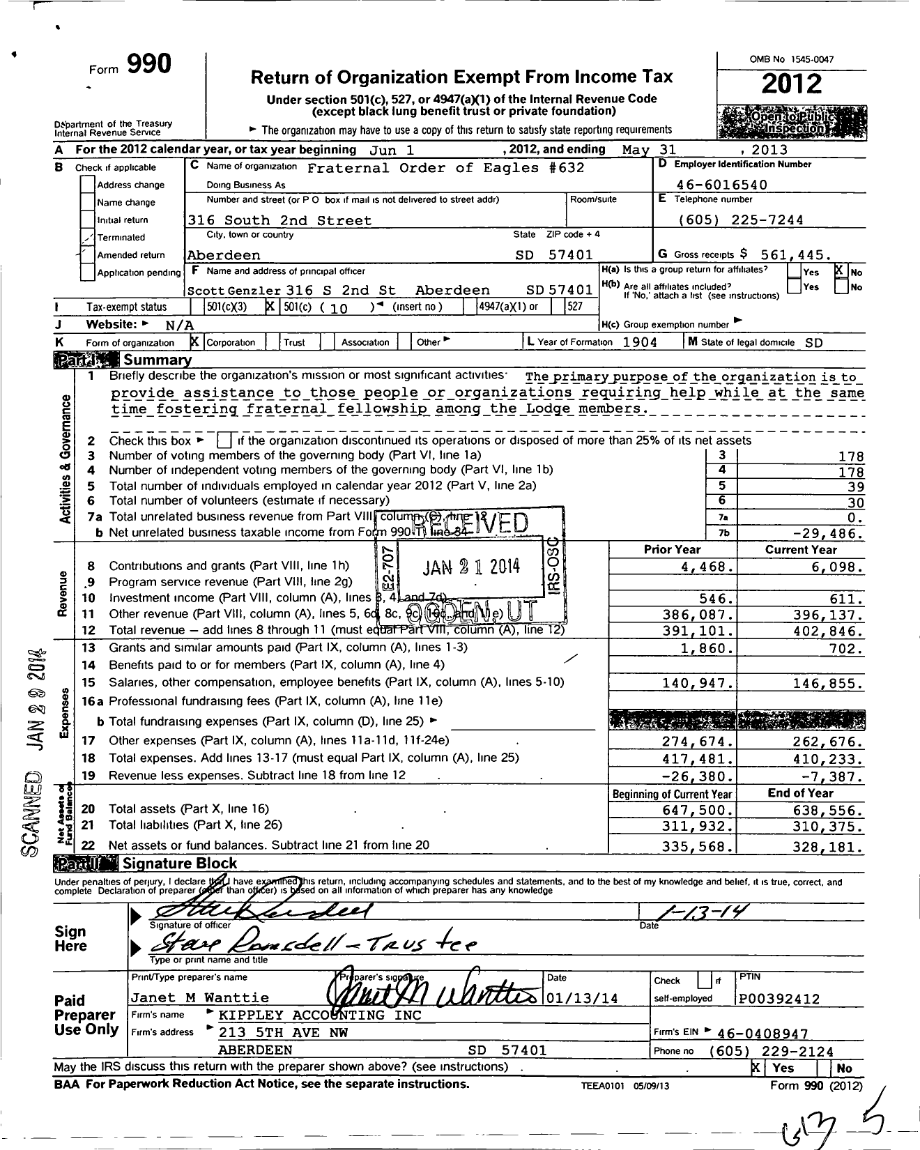 Image of first page of 2012 Form 990O for Fraternal Order of Eagles 632