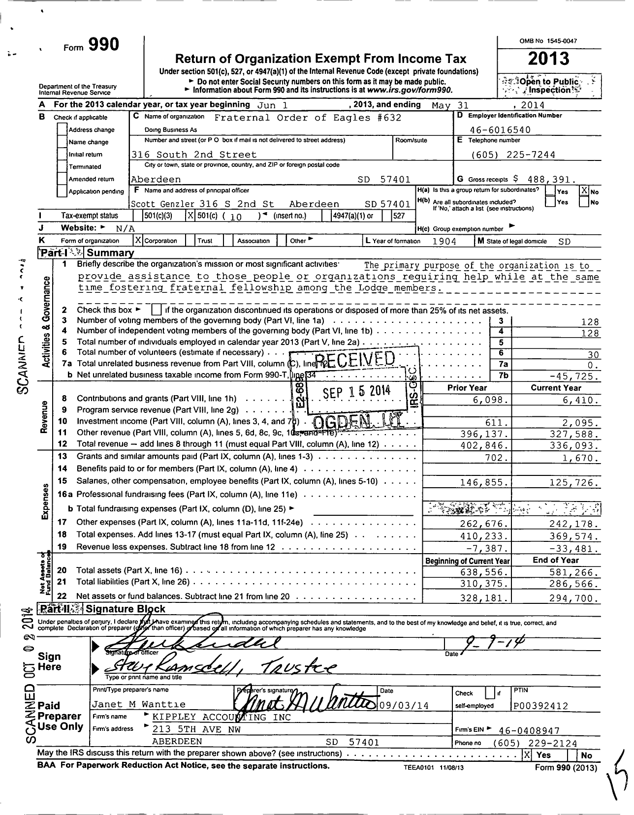 Image of first page of 2013 Form 990O for Fraternal Order of Eagles 632