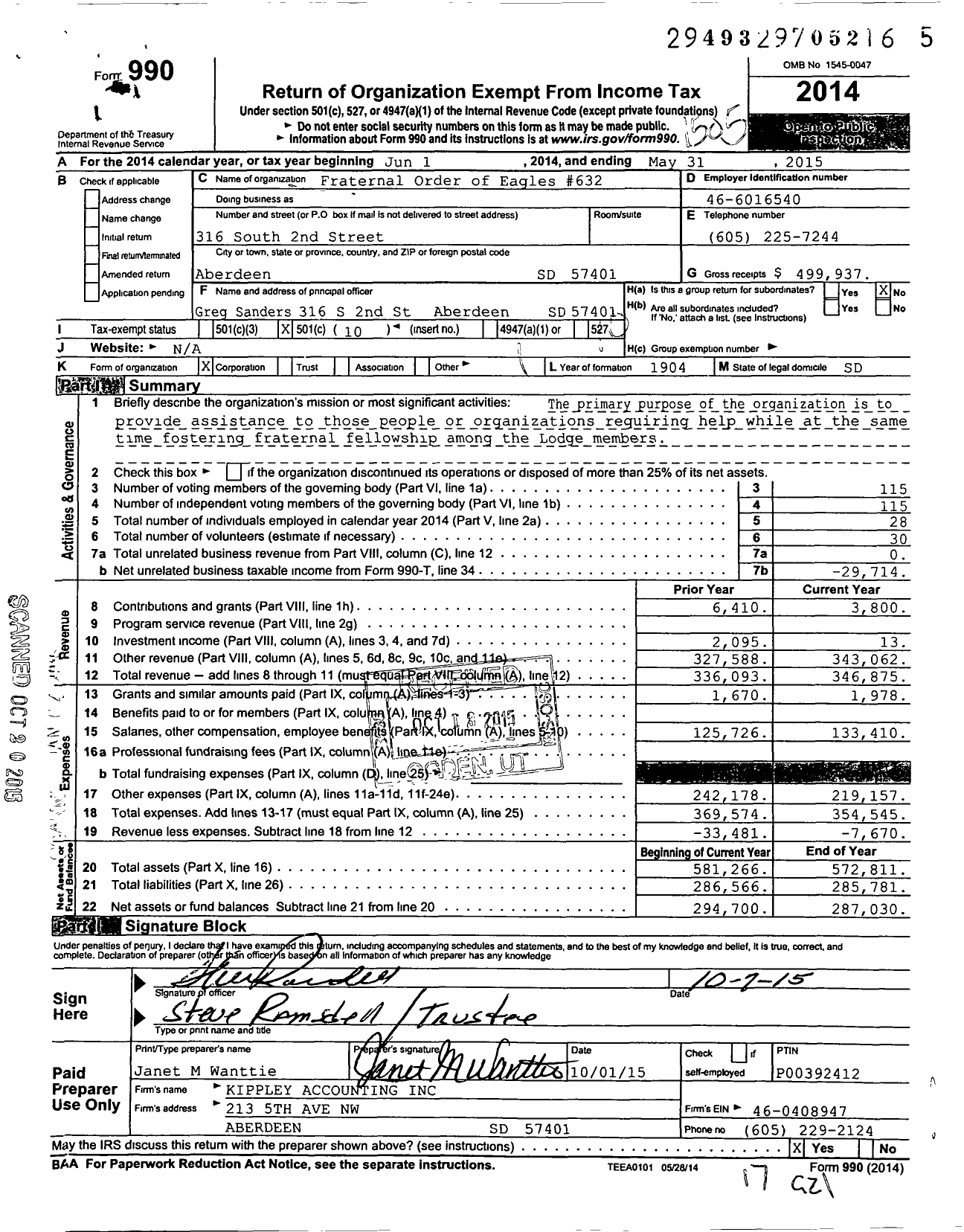 Image of first page of 2014 Form 990O for Fraternal Order of Eagles 632