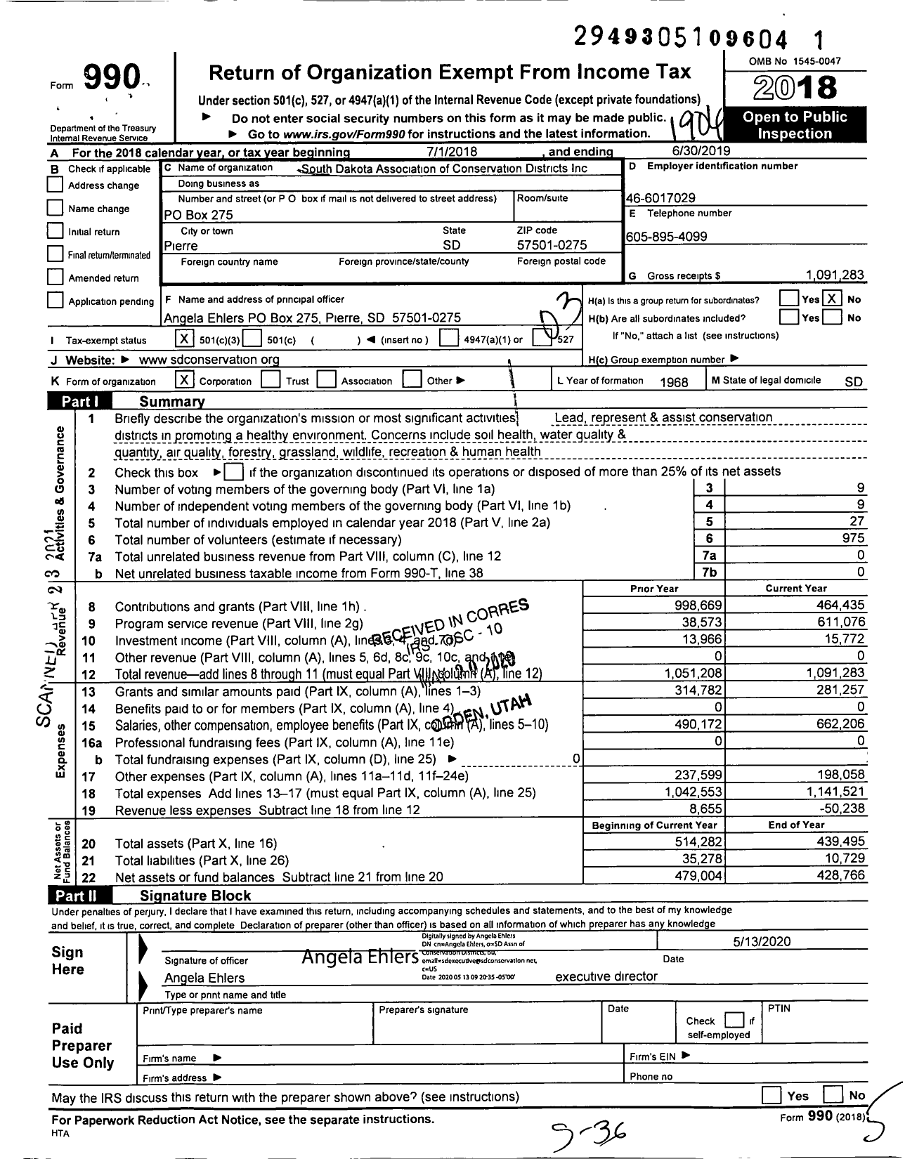 Image of first page of 2018 Form 990 for South Dakota Association of Conservations Districts (SDACD)