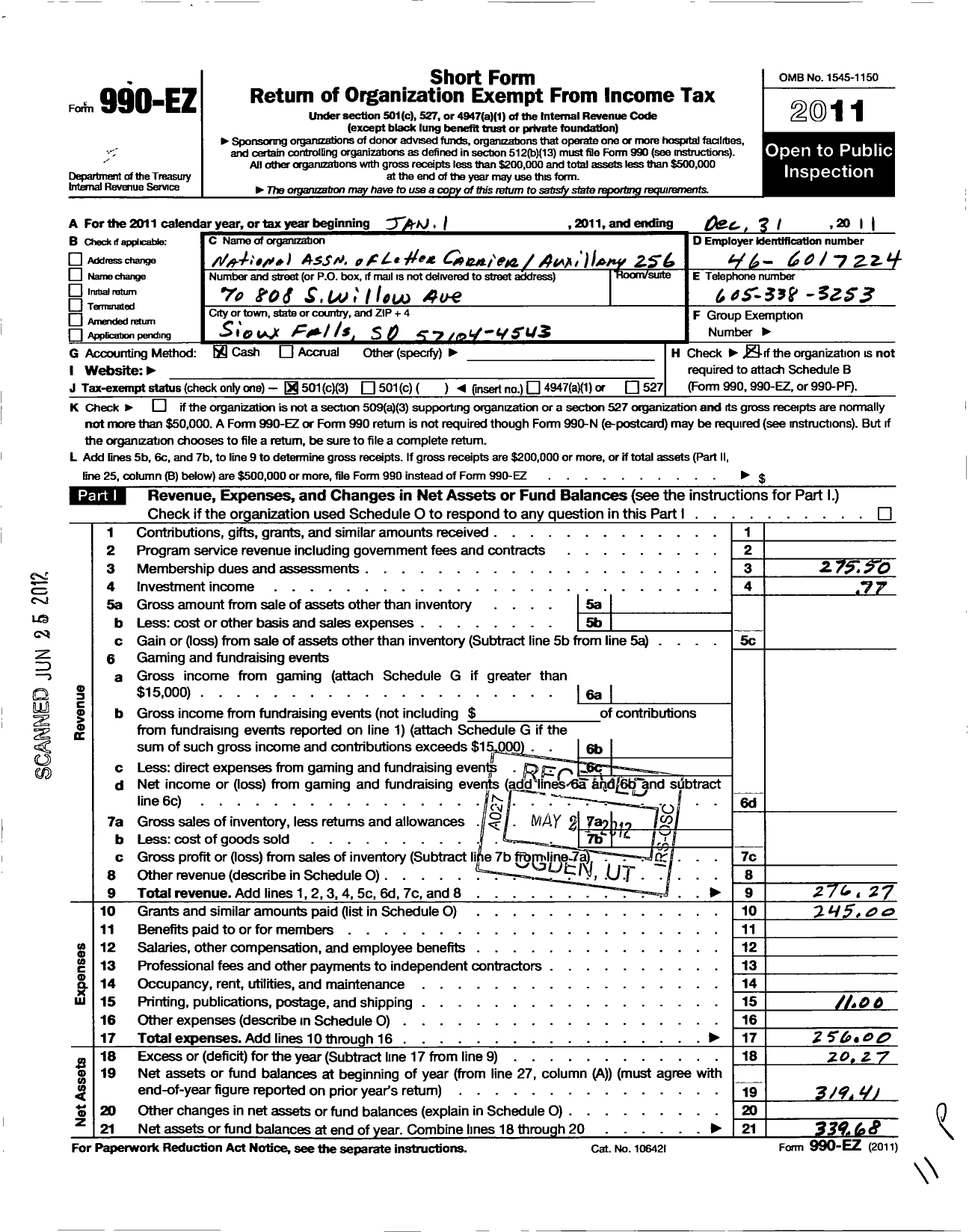 Image of first page of 2011 Form 990EZ for National Association of Letter Carriers Auxiliary of USA - 256 Nalc-Aux