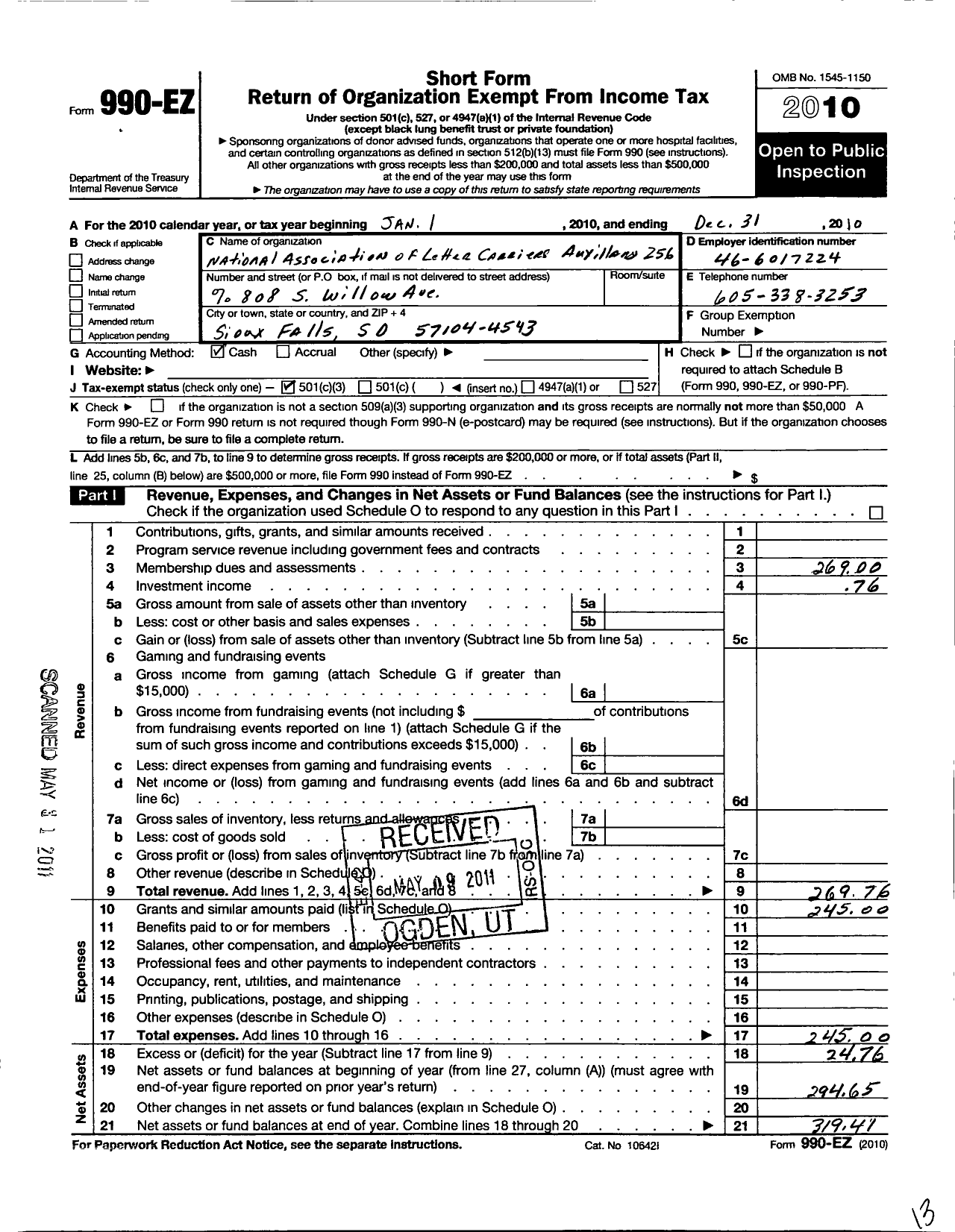 Image of first page of 2010 Form 990EZ for National Association of Letter Carriers Auxiliary of USA - 256 Nalc-Aux