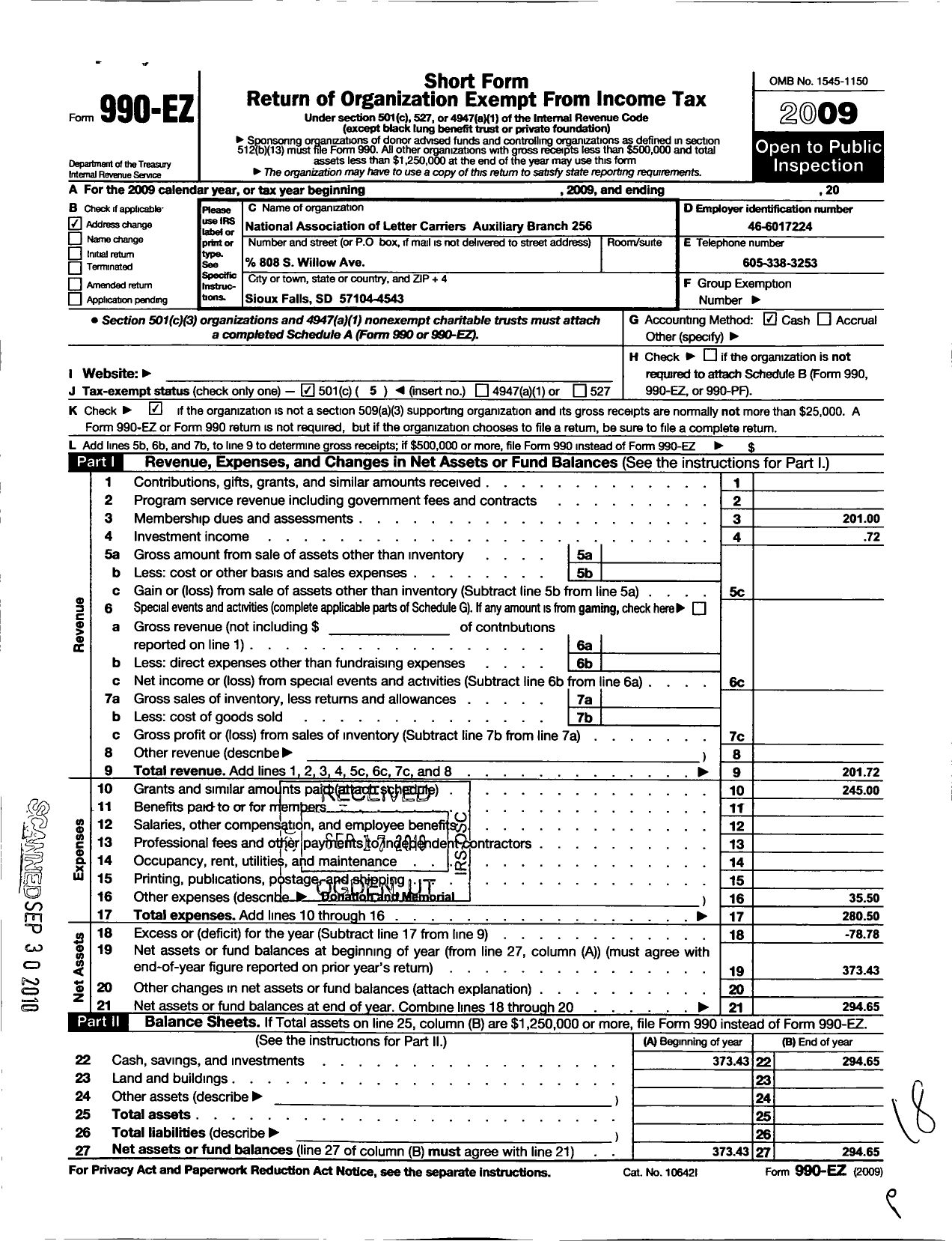 Image of first page of 2009 Form 990EO for National Association of Letter Carriers Auxiliary of USA - 256 Nalc-Aux