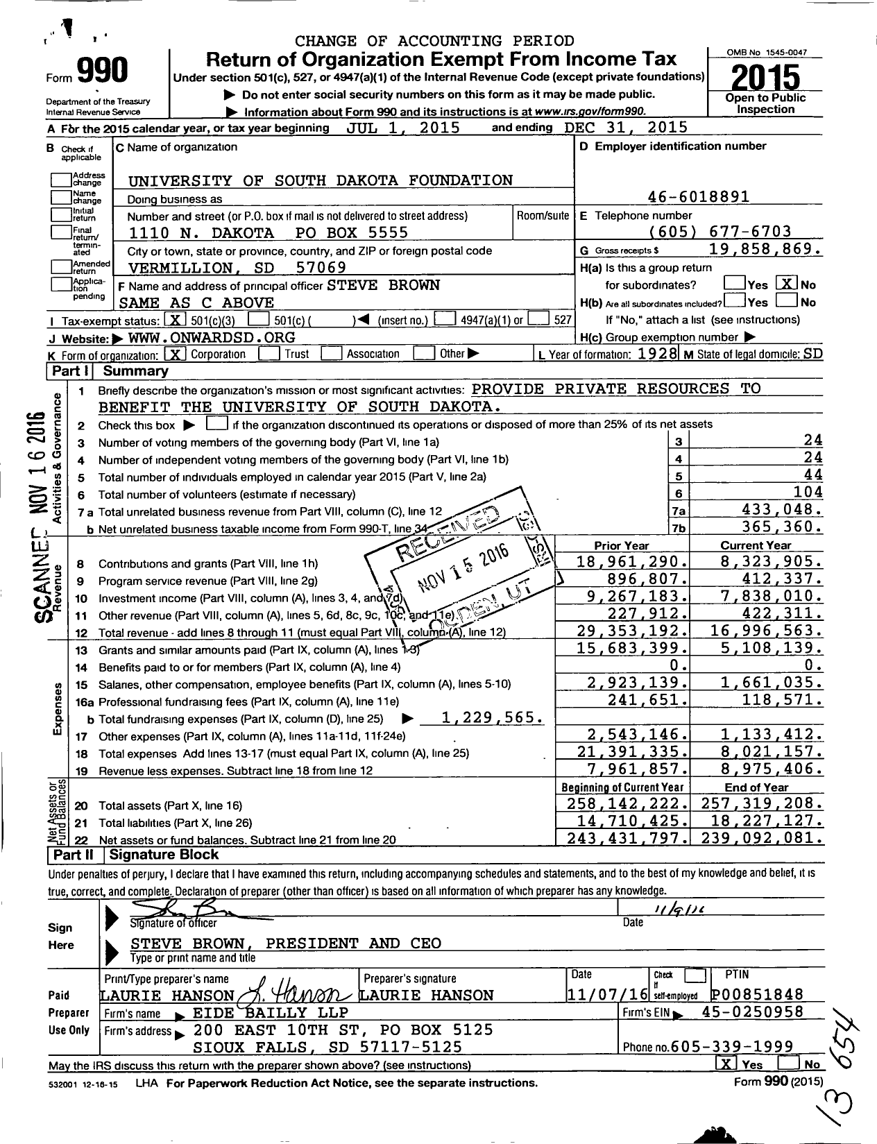 Image of first page of 2015 Form 990 for University of South Dakota Foundation (USDF)