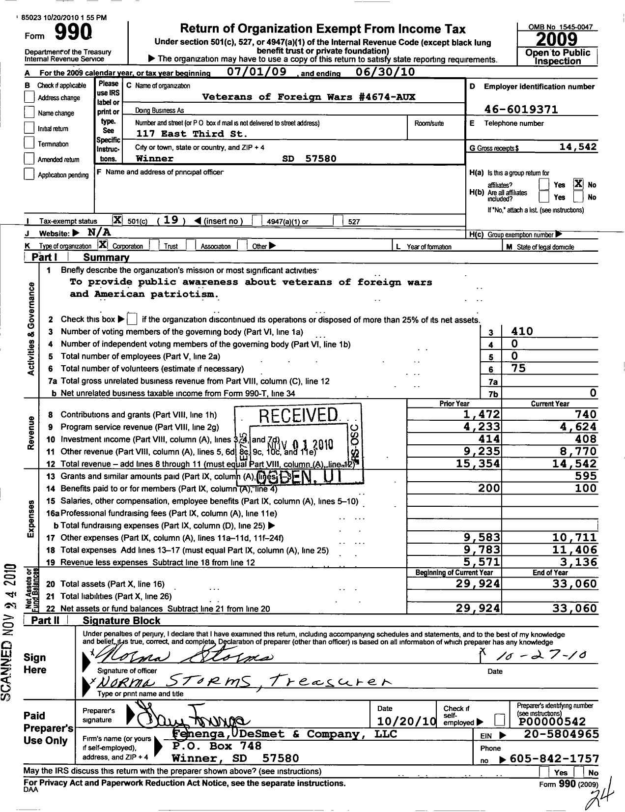 Image of first page of 2009 Form 990O for Veterans of Foreign Wars of the Us Dept of South Dakota Auxiliary - 4674 Winner VFW Auxiliary