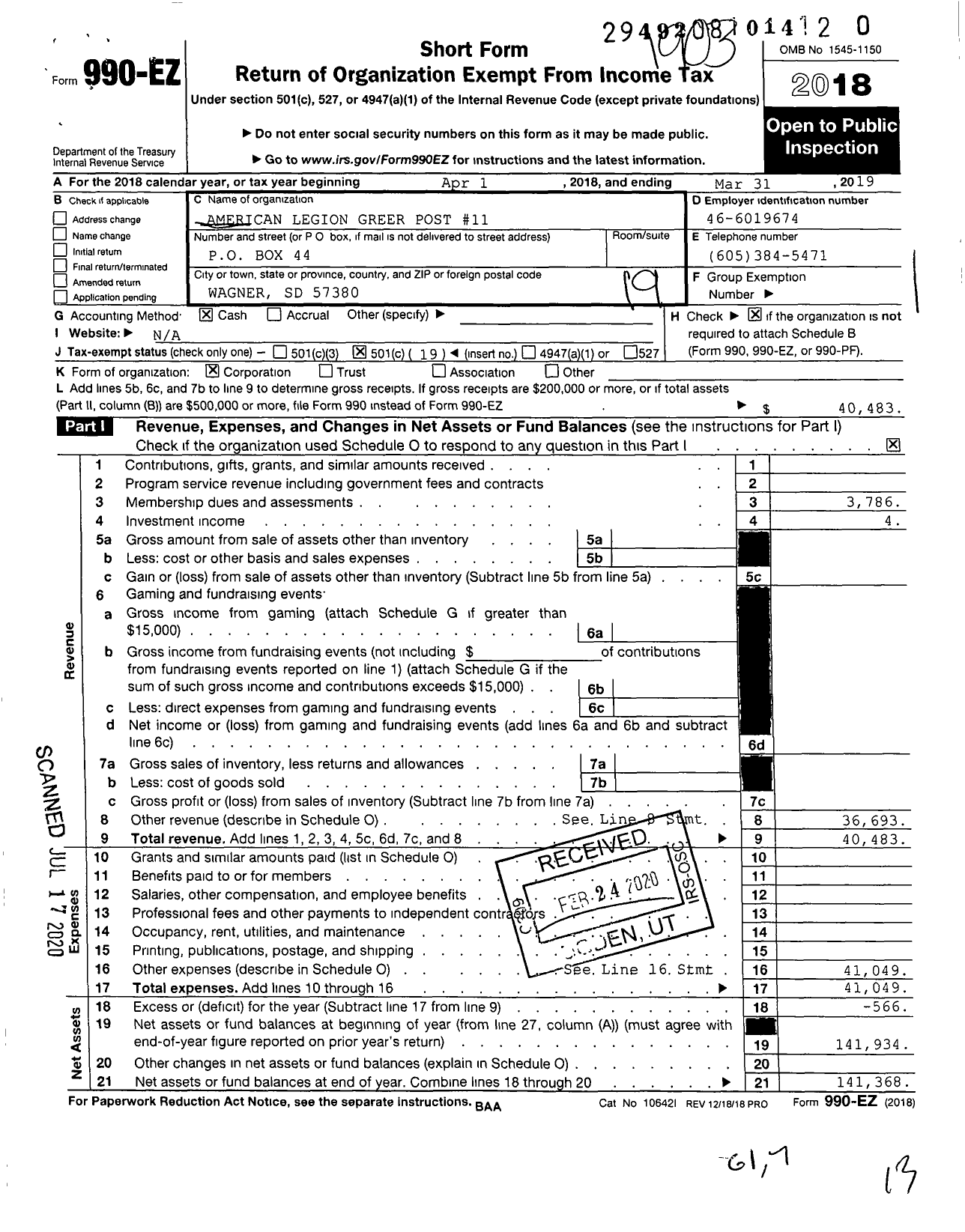 Image of first page of 2018 Form 990EO for American Legion - 11 Greer