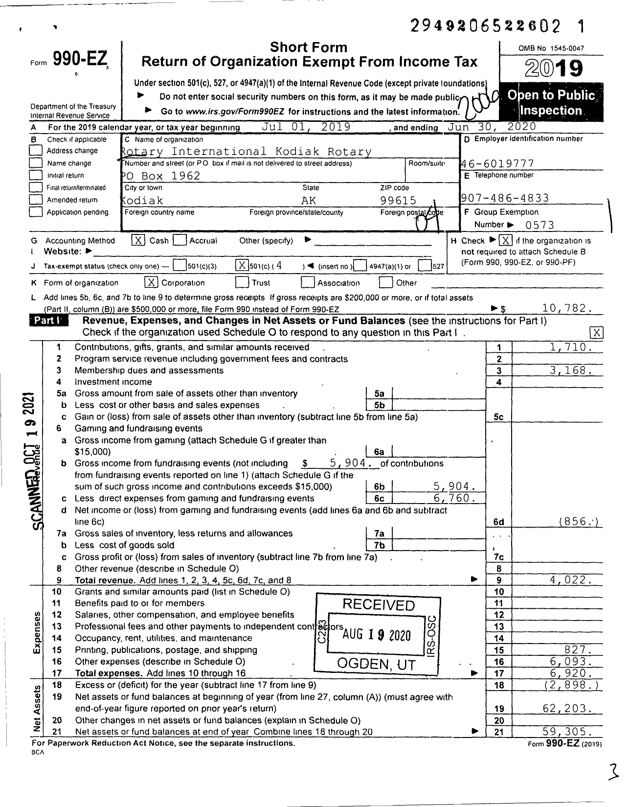 Image of first page of 2019 Form 990EO for Rotary International - Kodiak Rotary Club