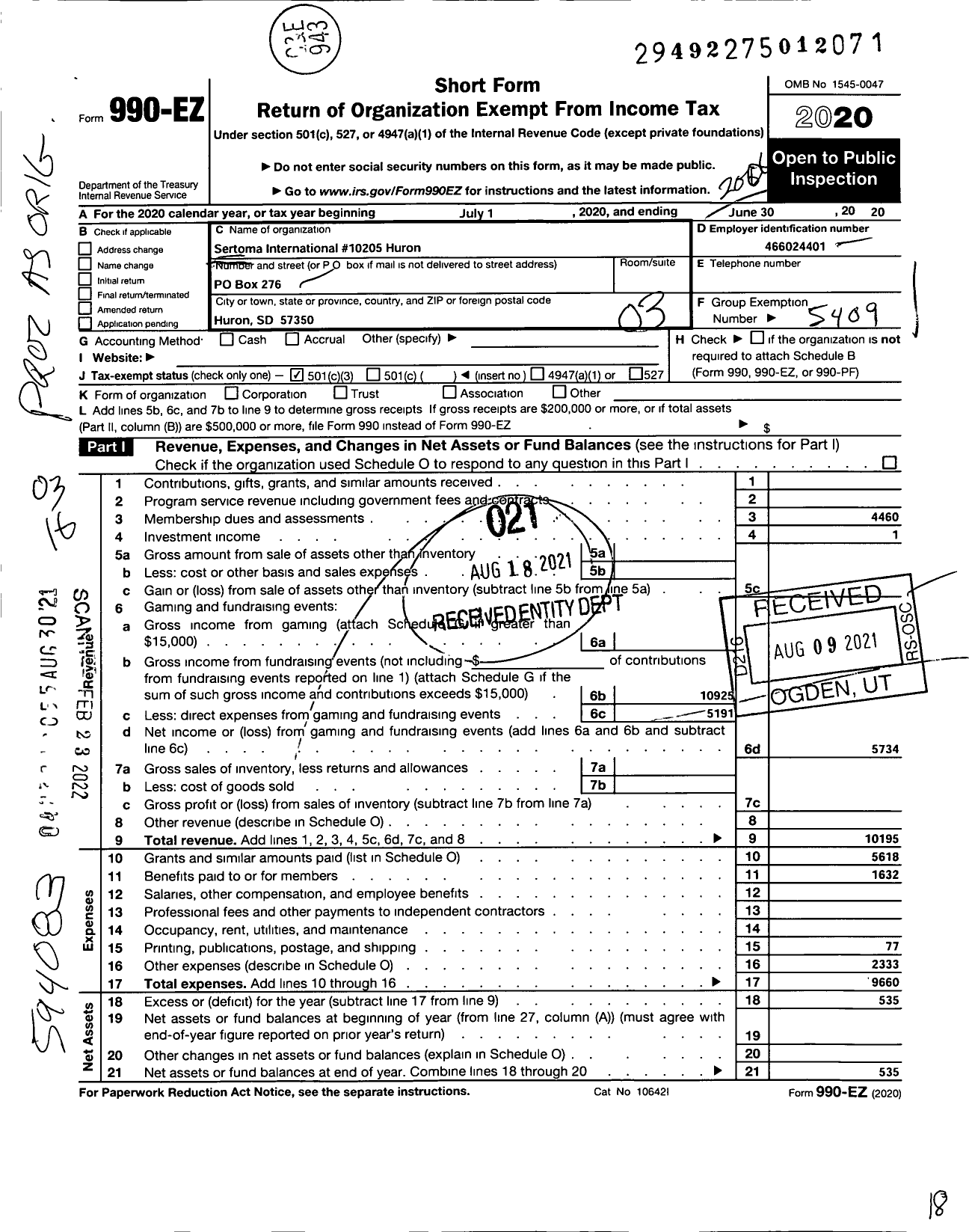 Image of first page of 2019 Form 990EZ for Sertoma - 10205 Huron Sertoma Club