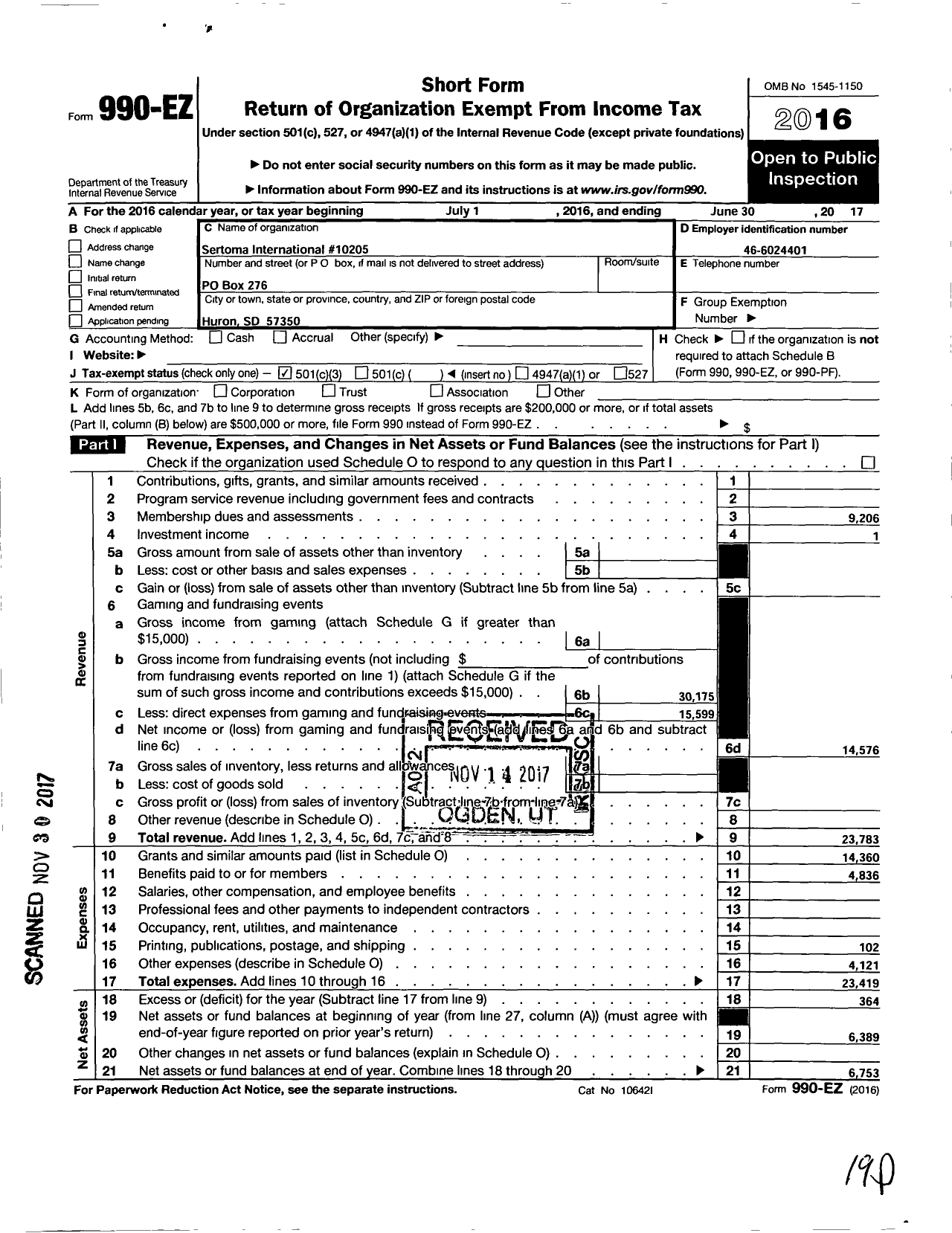 Image of first page of 2016 Form 990EZ for Sertoma - 10205 Huron Sertoma Club